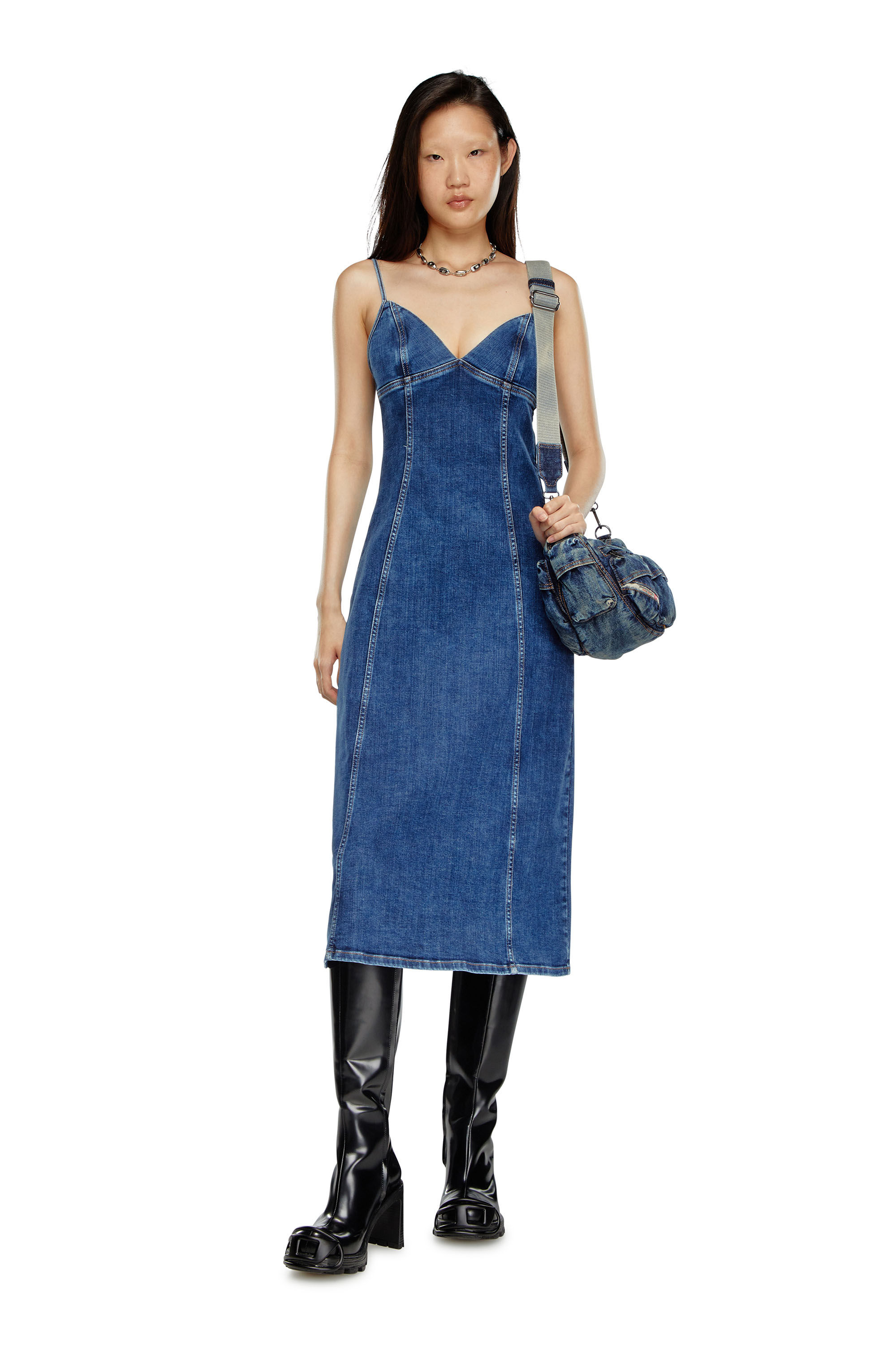 Diesel - DE-FULVY-DRESS-D, Female Strappy midi dress in denim in ブルー - Image 1