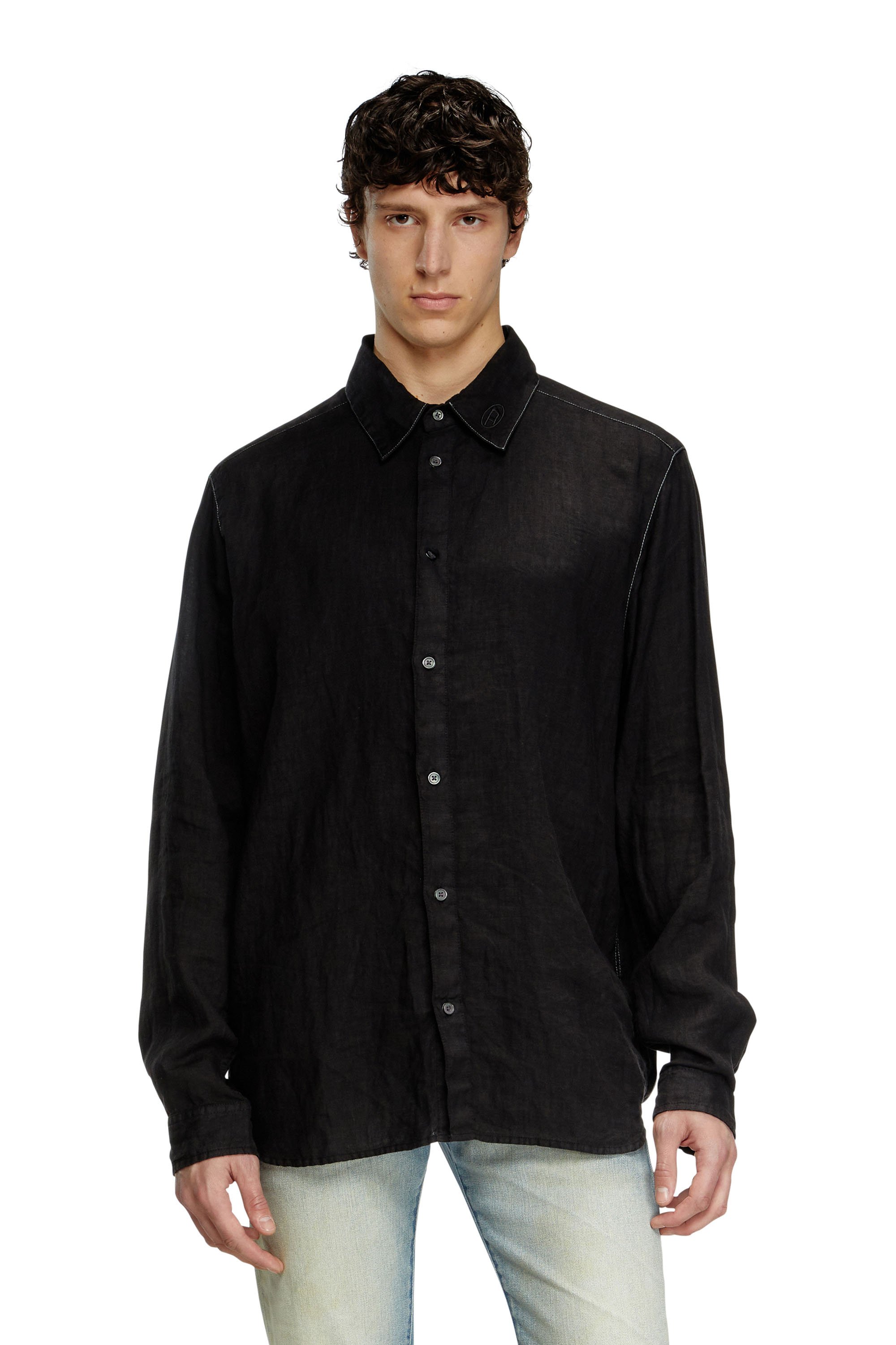 Diesel - S-WERP, Male's Linen shirt with logo collar in ブラック - 1