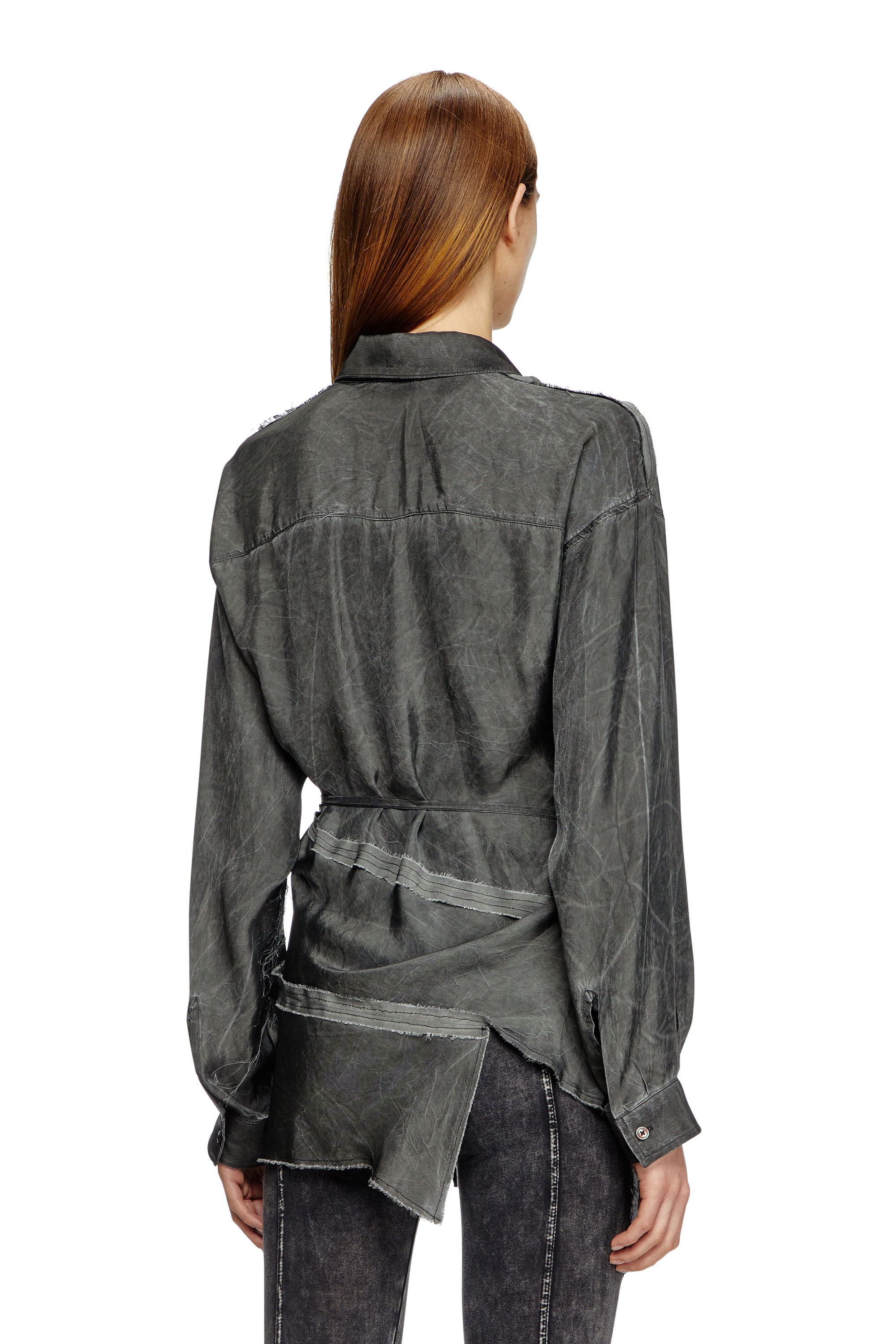 Diesel - C-RAZY-Q1, Female's Asymmetric wrap shirt in wrinkled twill in ブラック - 4