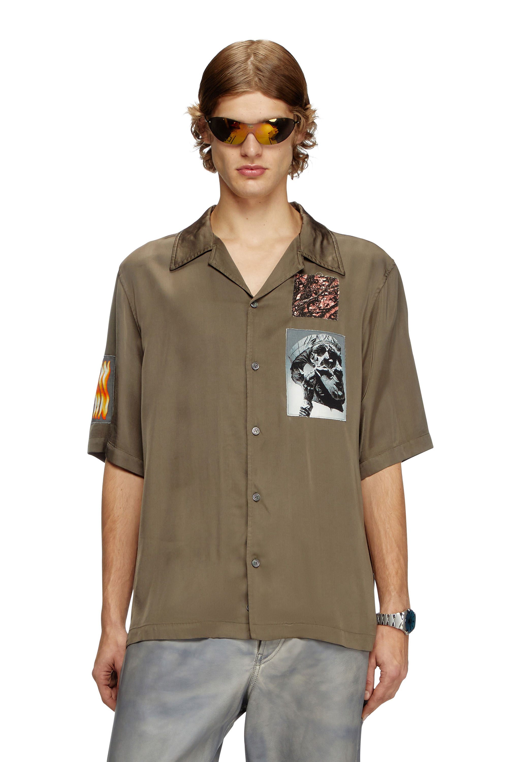 Diesel - S-DAXHE, Male's Short-sleeve satin shirt with patches in ミリタリーグリーン - 1