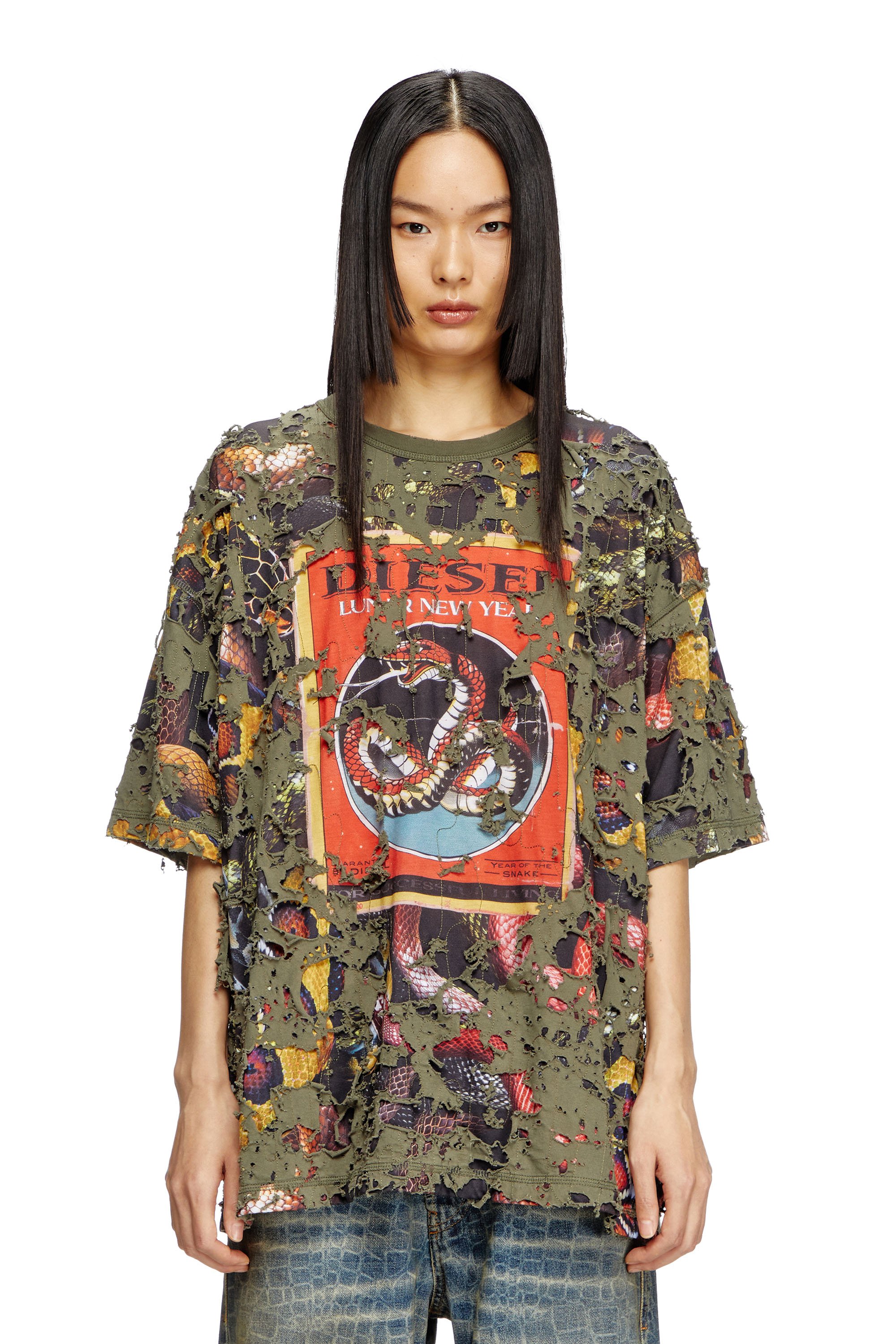 Diesel - CL-T-BOXT-DEVOR-SNAKE, Unisex's Snake-print T-shirt with destroyed overlay in オリーブグリーン - 1