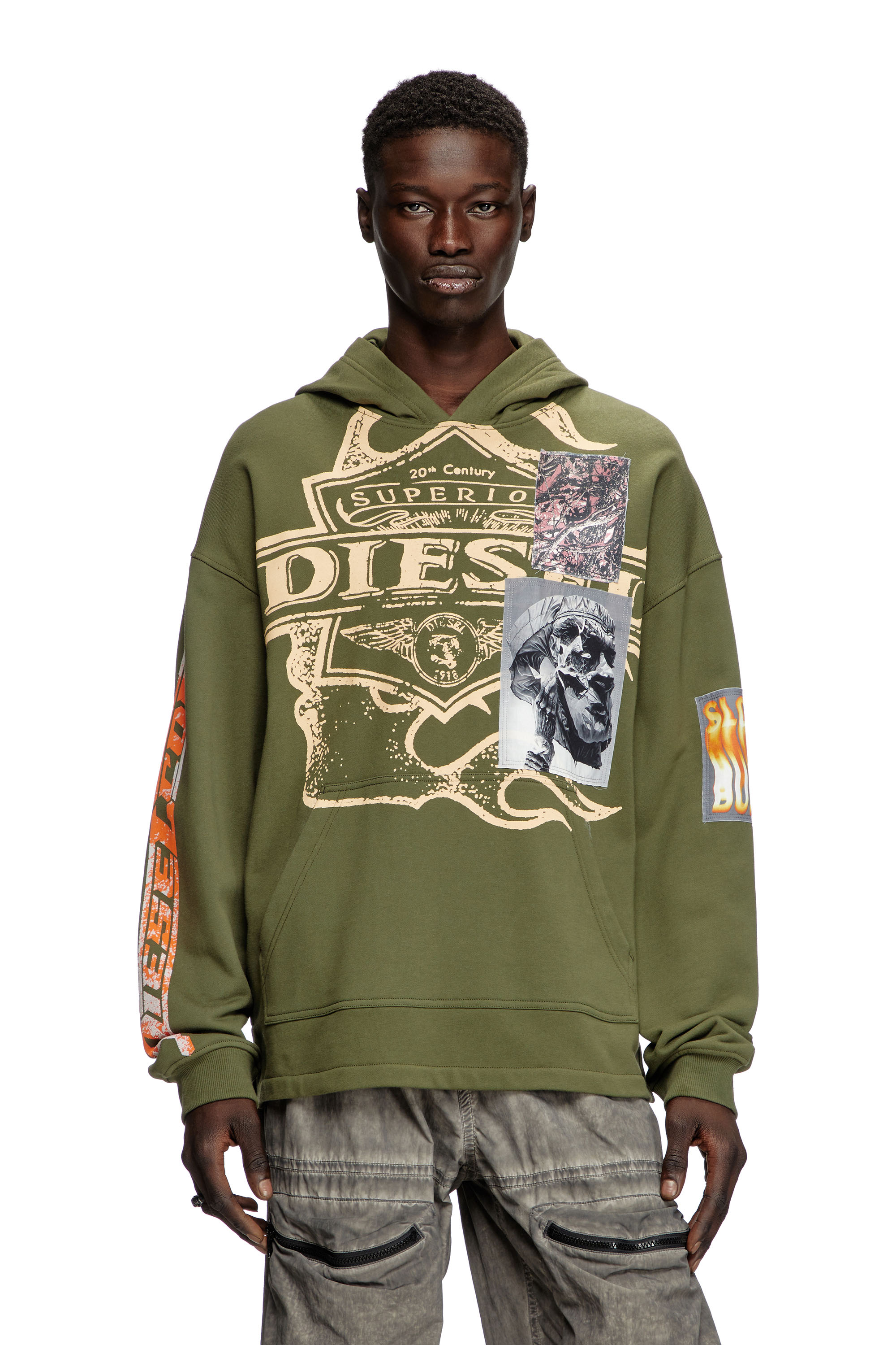 Diesel - S-BAXT-HOOD-R1, Male's Hoodie with prints and logo patches in オリーブグリーン - 1