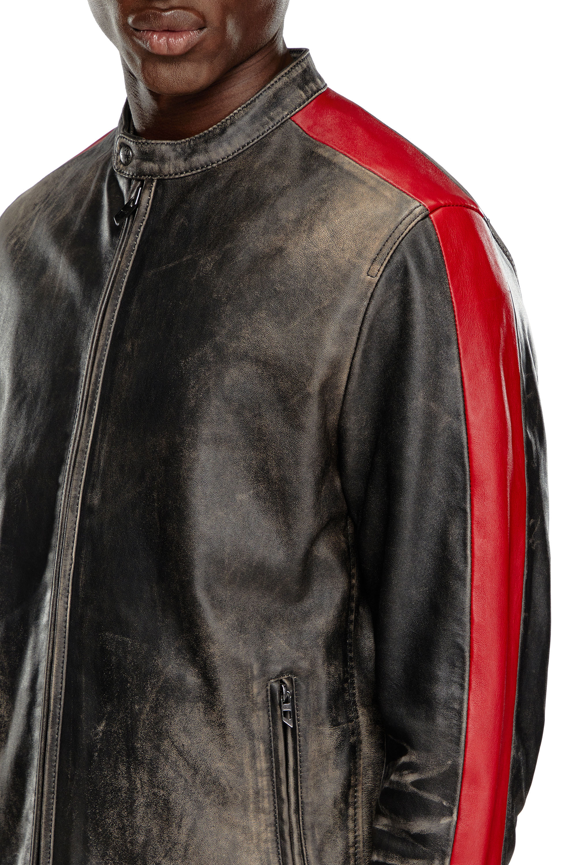 Diesel - L-RENN, Male Leather jacket with contrasting stripes in マルチカラー - Image 5