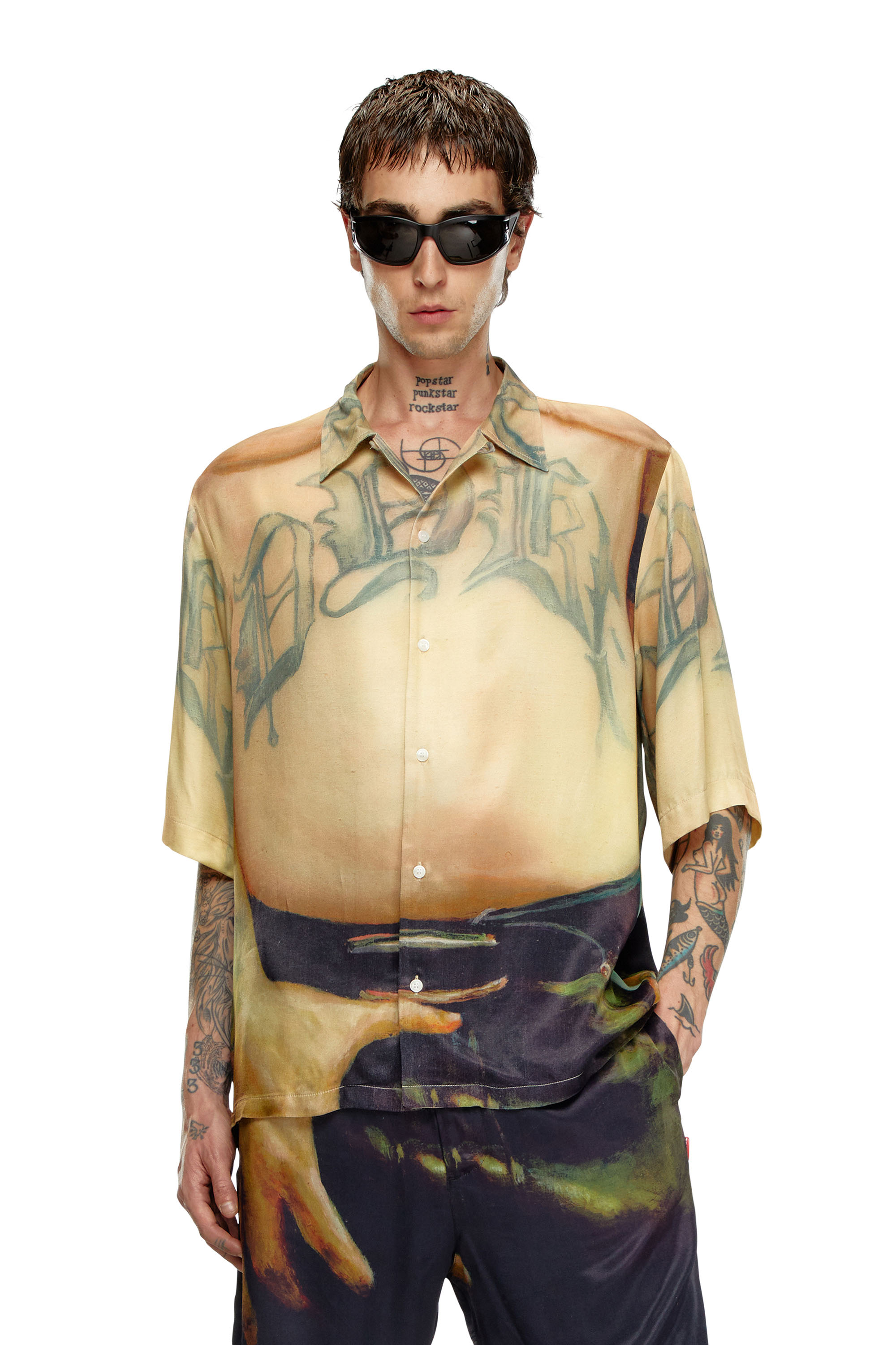 Diesel - PR-S-MEC-SS, Unisex Viscose shirt with all-over print in ベージュ - Image 1