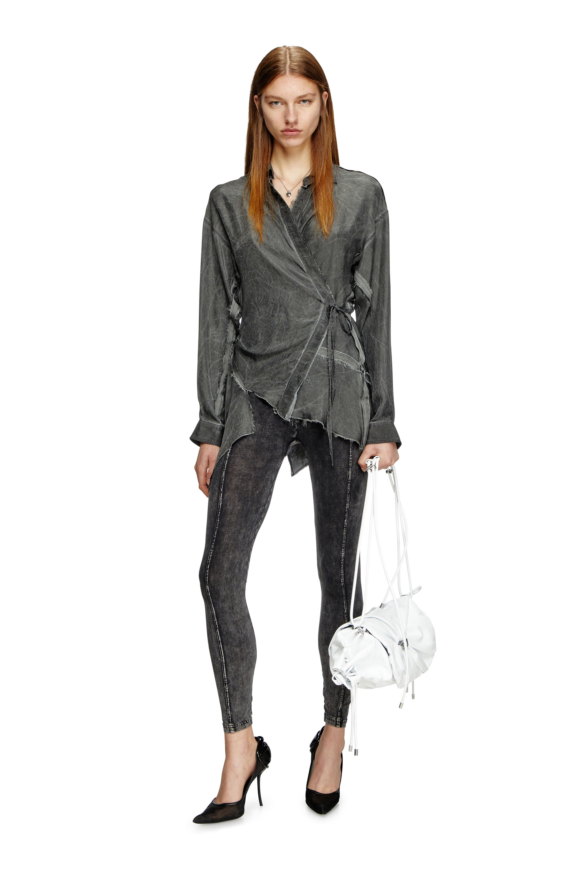 Diesel - C-RAZY-Q1, Female's Asymmetric wrap shirt in wrinkled twill in ブラック - 2