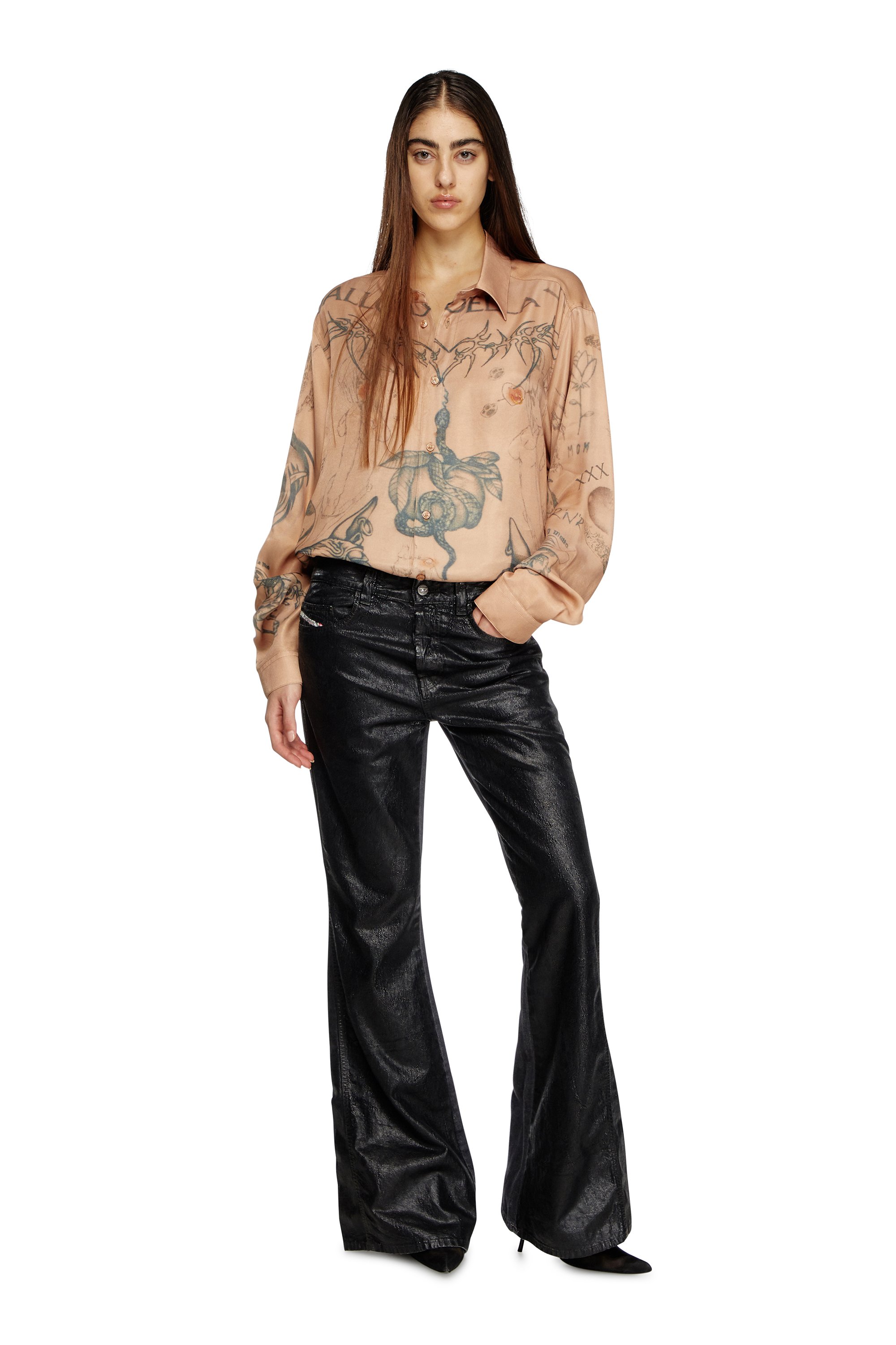 Diesel - S-SIMPLY-TTO-DD, Unisex's Fluid satin shirt with tattoo print in ベージュ - 7