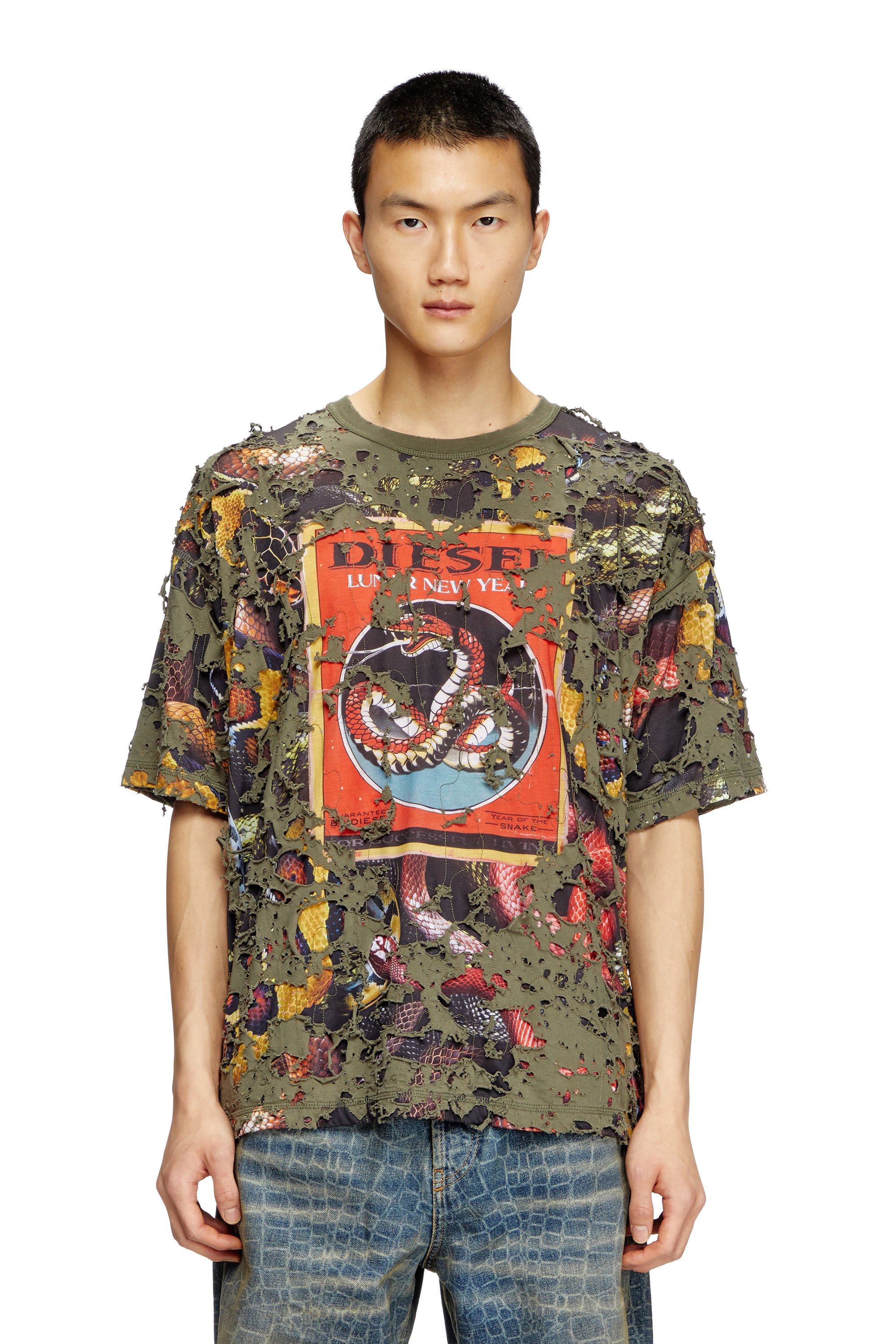 Diesel - CL-T-BOXT-DEVOR-SNAKE, Unisex's Snake-print T-shirt with destroyed overlay in オリーブグリーン - 2