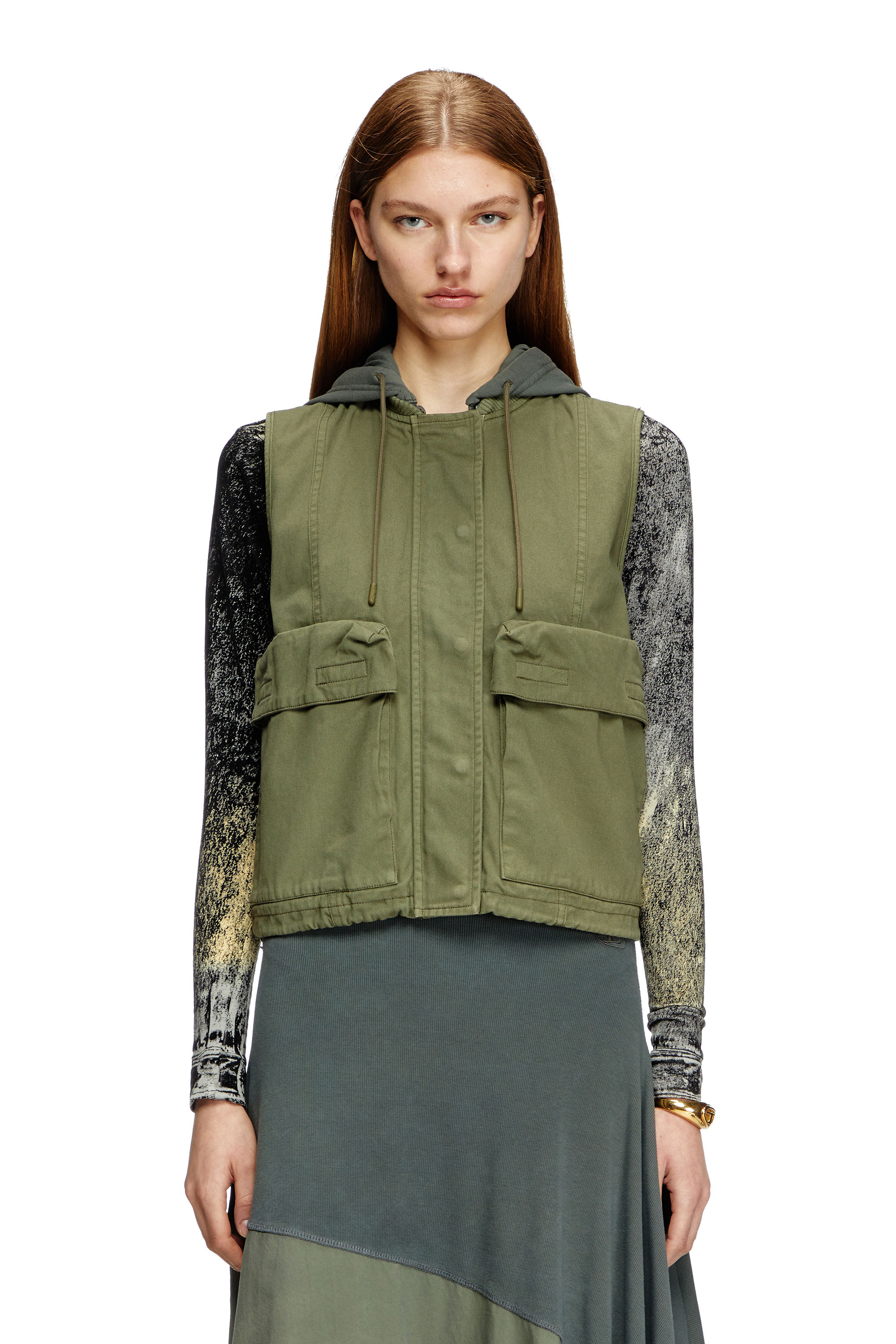 Diesel - G-ENESIS, Female's Hooded cargo vest in cotton twill in ミリタリーグリーン - 1