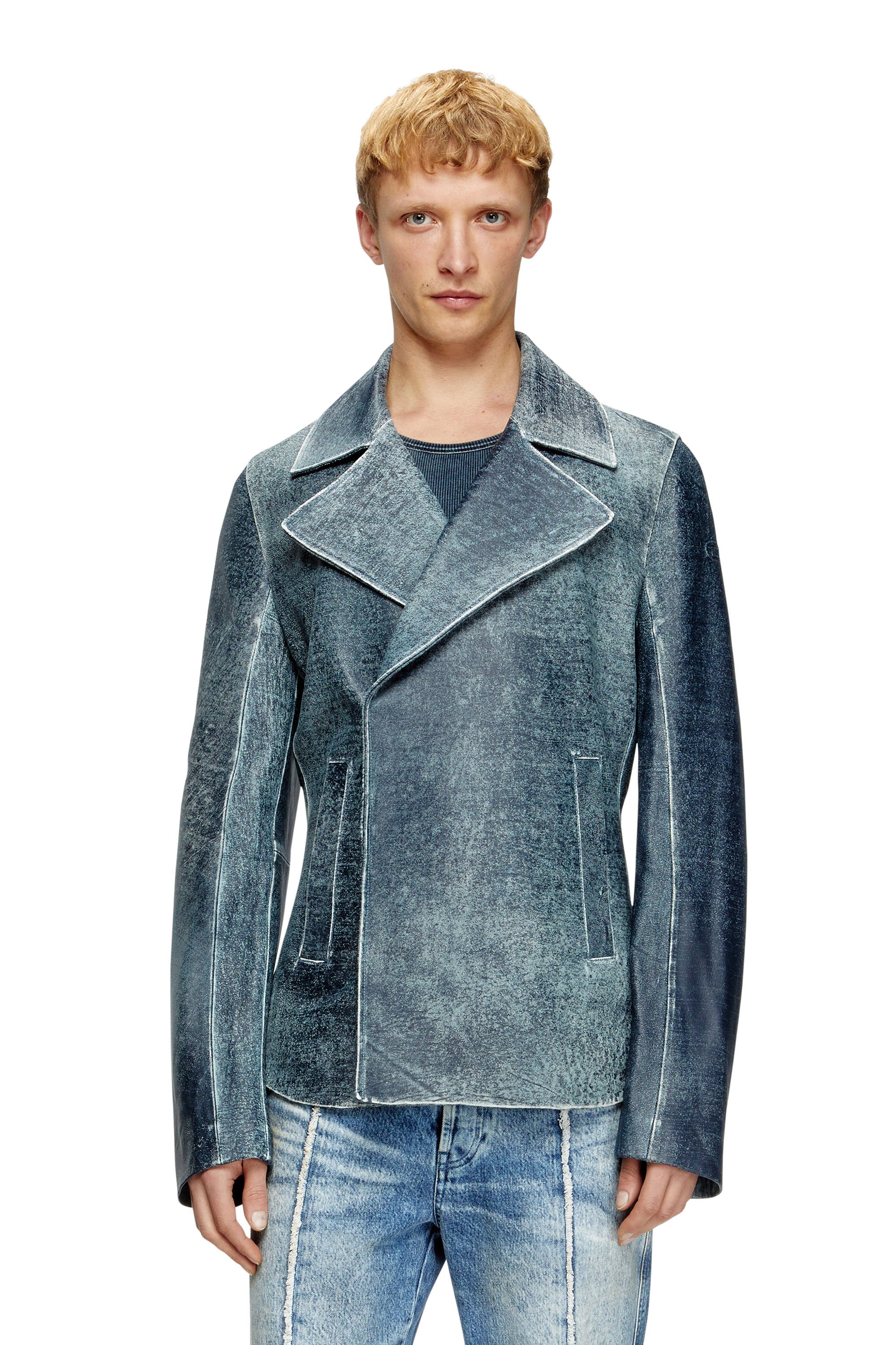 Diesel - L-WERNER, Male's Jacket in denim-treated leather in ダークブルー - 1