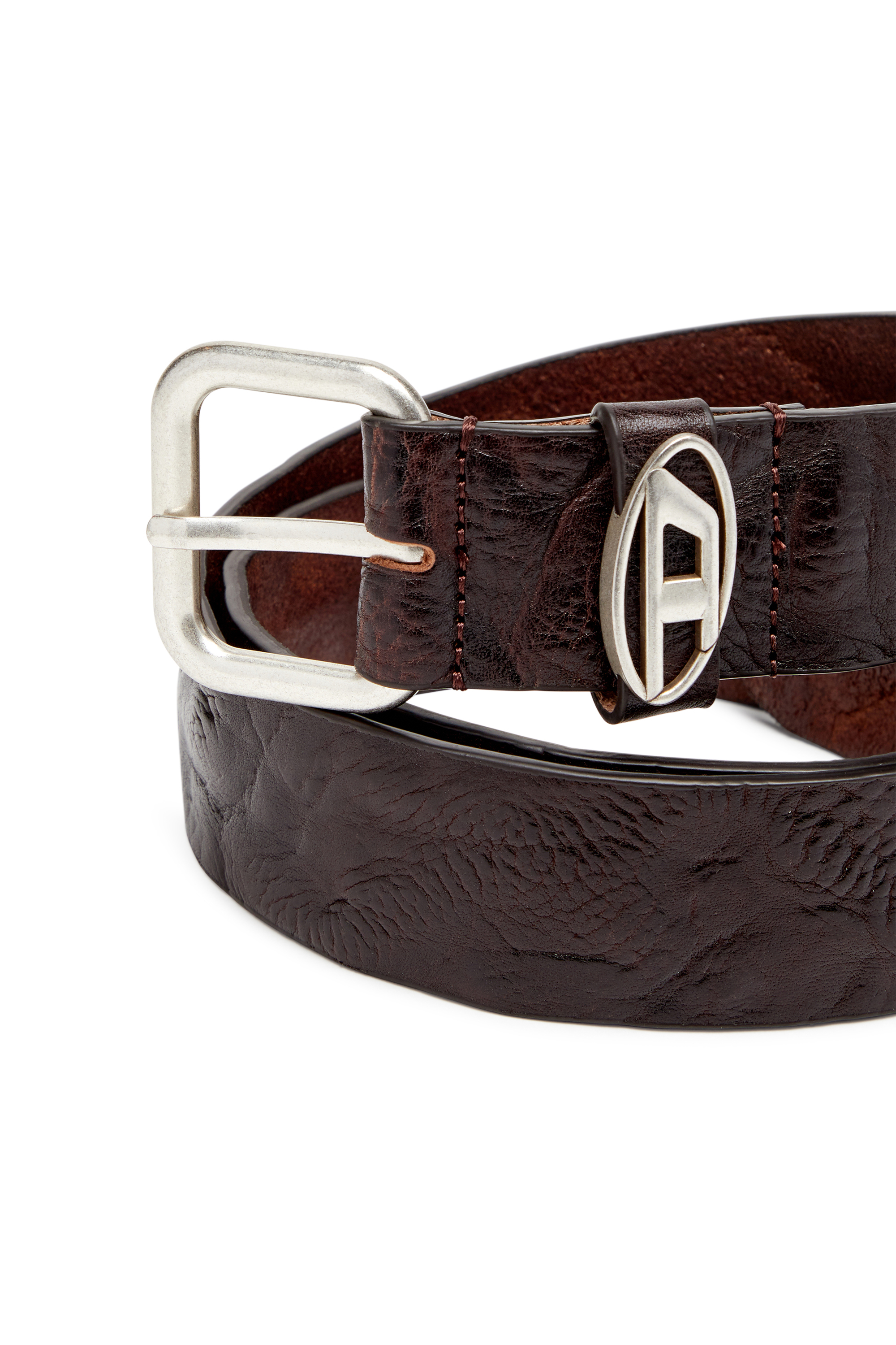 Diesel - B-1DR OVAL D LOOP, Unisex's Logo-plaque wrinkled leather belt in ダークブラウン - 3