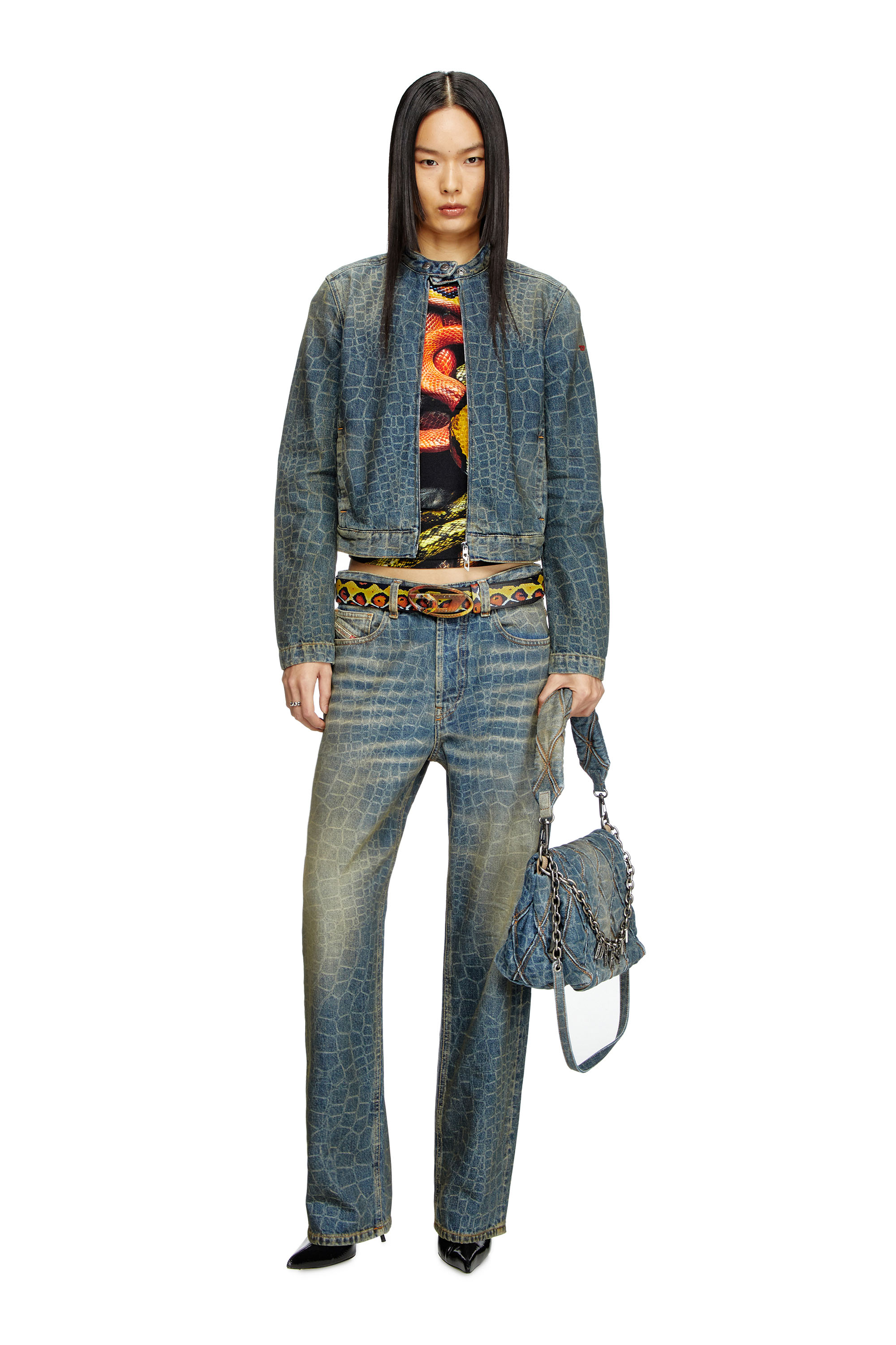 Diesel - CL-DE-MORNIN-SNAKE, Female's Moto jacket in snake-print denim in ダークブルー - 2