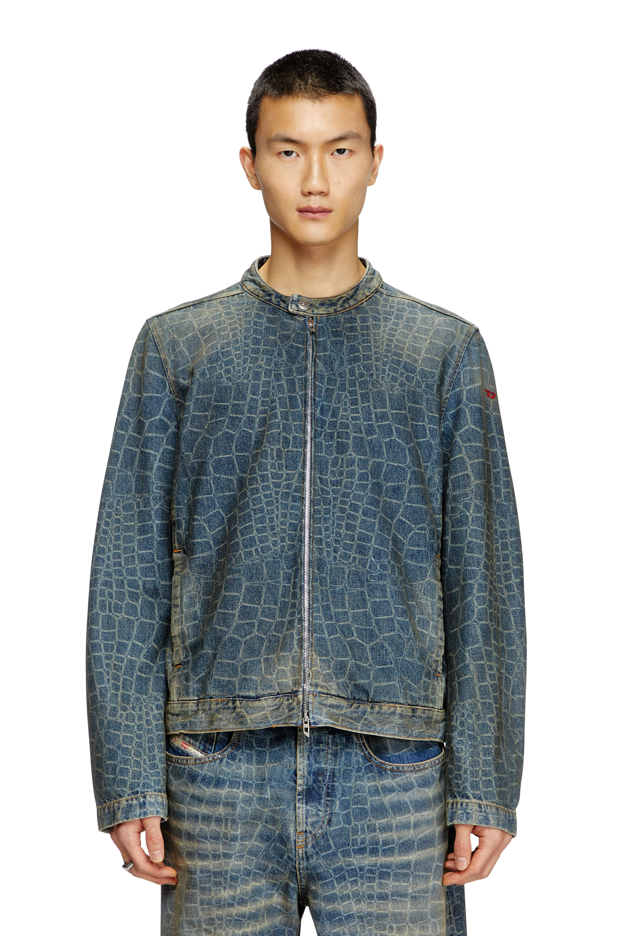 Diesel - CL-D-GLORY-SNAKE, Male's Moto jacket in snake-print denim in ダークブルー - 2