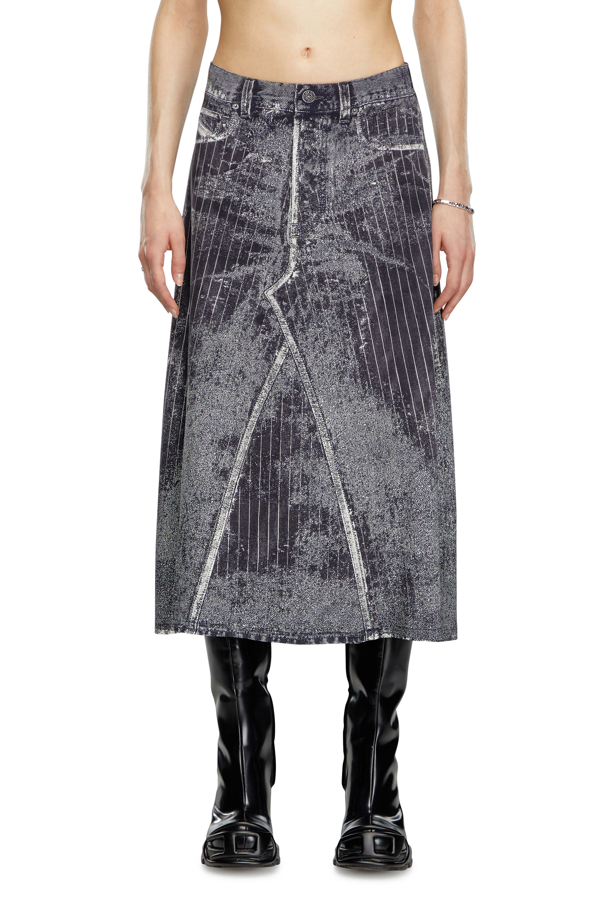 Diesel - O-HANNA, Female Satin skirt with print of pinstripe denim in ブラック - Image 2