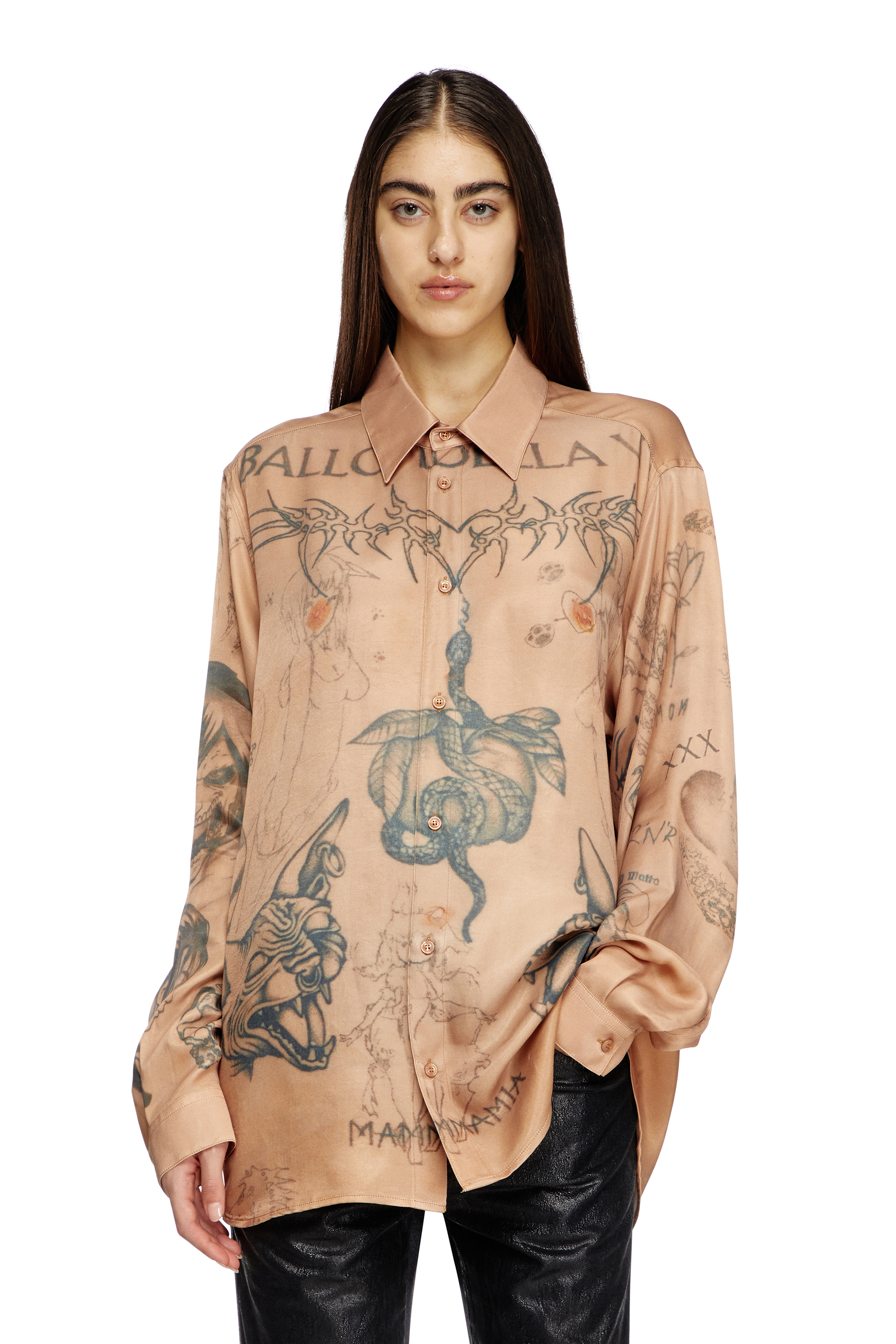 Diesel - S-SIMPLY-TTO-DD, Unisex's Fluid satin shirt with tattoo print in ベージュ - 1