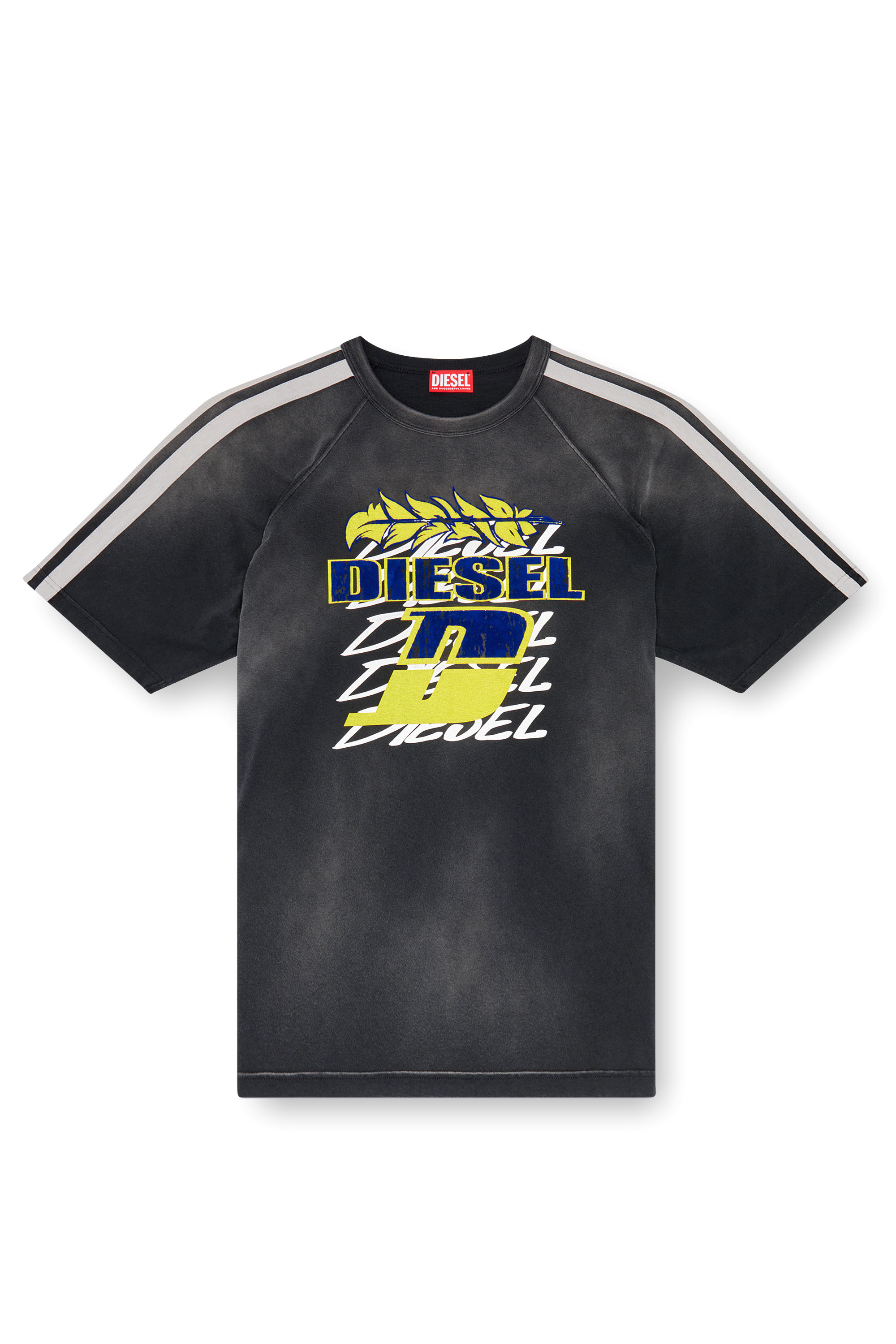 Diesel - T-ROXT-STRIPE, Male Faded T-shirt with flocked logo print in ブラック - Image 3