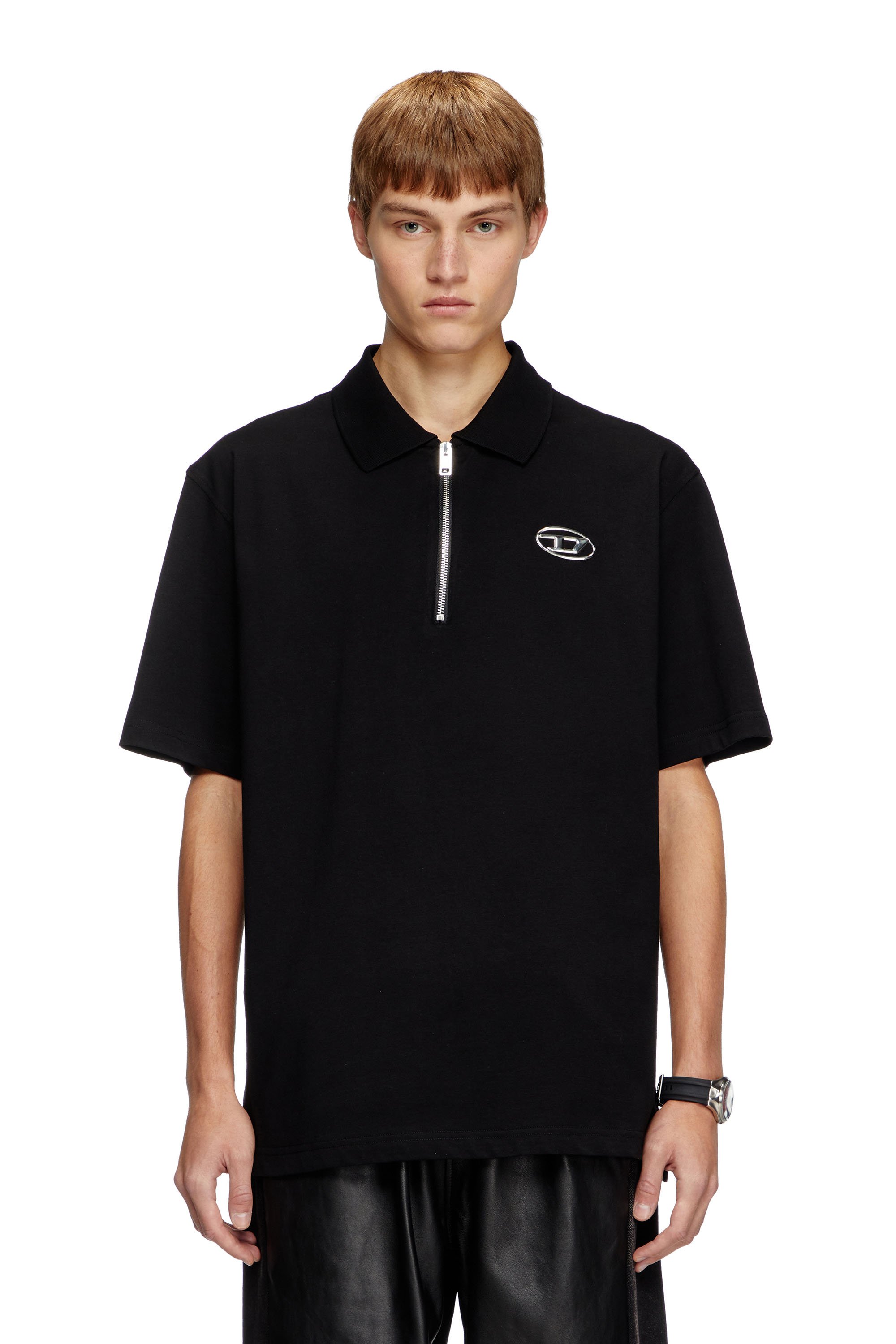 Diesel - T-VOR-OD, Male's Zip front polo shirt with laser cut Oval D in ブラック - 1