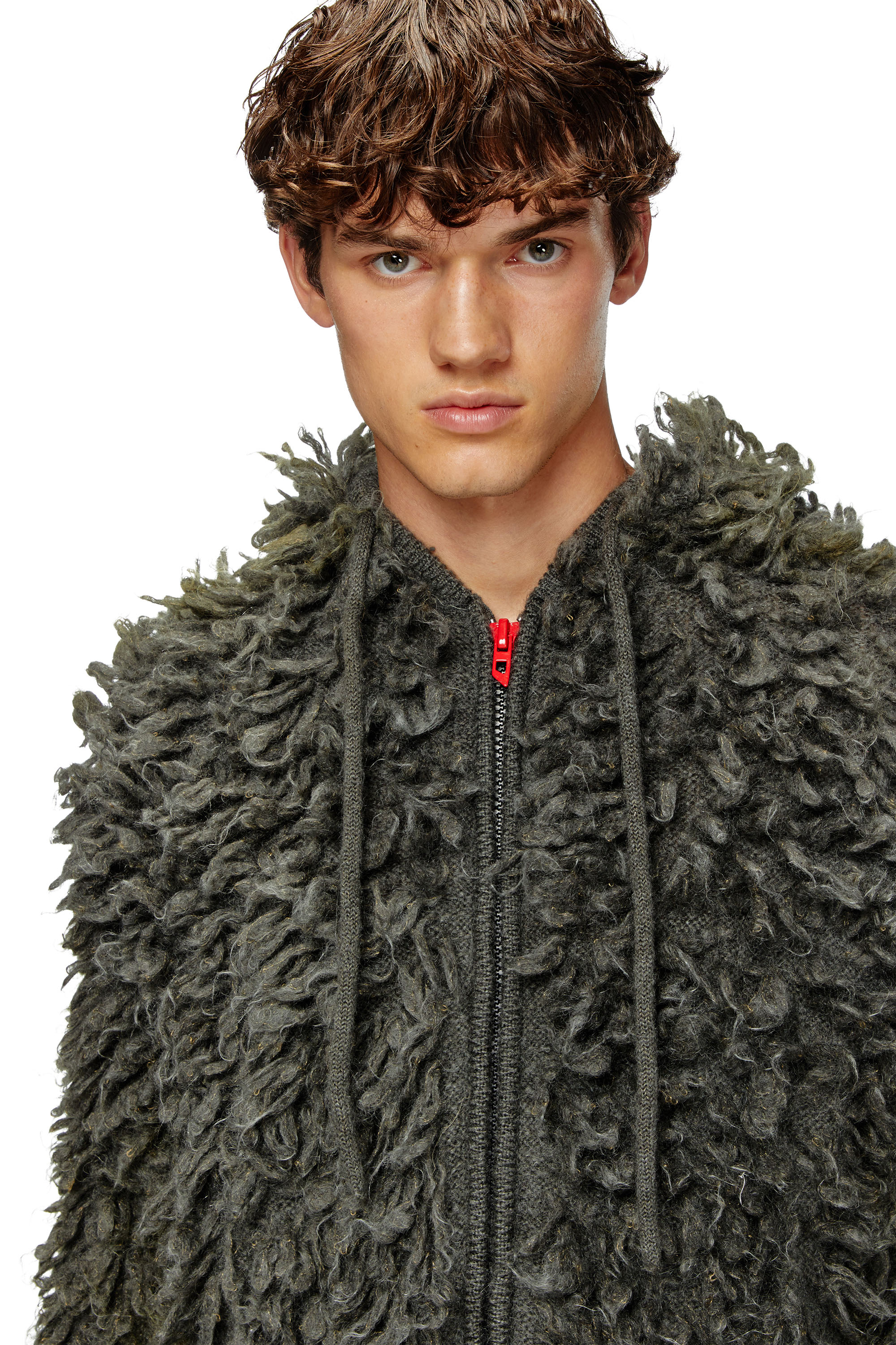 Diesel - K-WHITMAN, Male's Hooded cardigan in shaggy knit in ダークグレー - 5