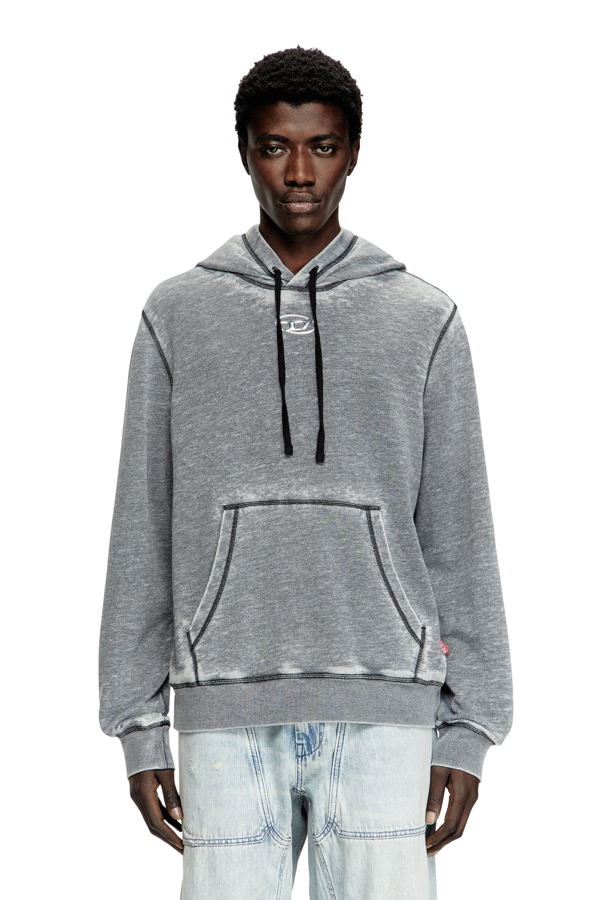 Diesel - S-GINN-HOOD-PAK, Male's Burnout hoodie with metal-look logo in グレー - 1