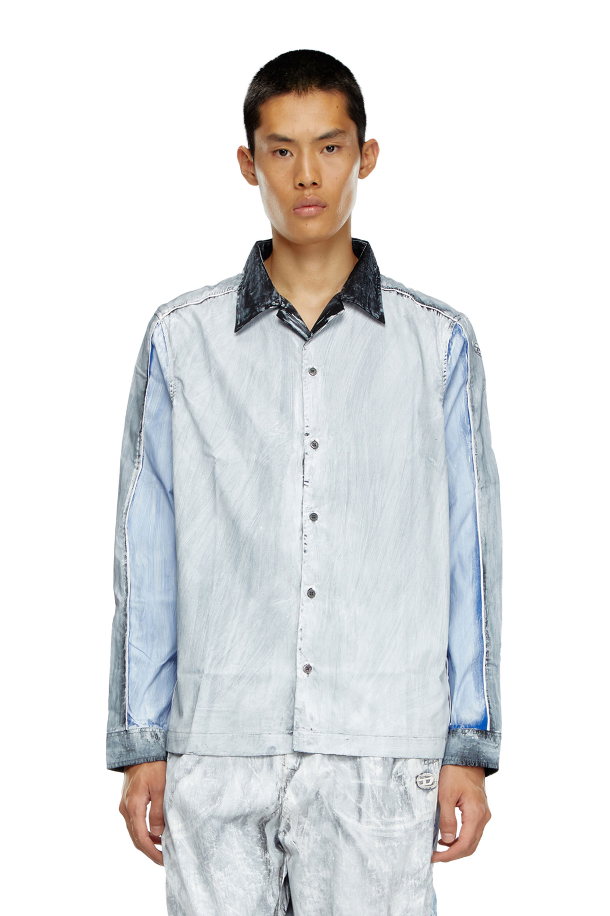 Diesel - S-CREED-BLOCK, Male Colour-block shirt in treated poplin in ブルー - Image 1