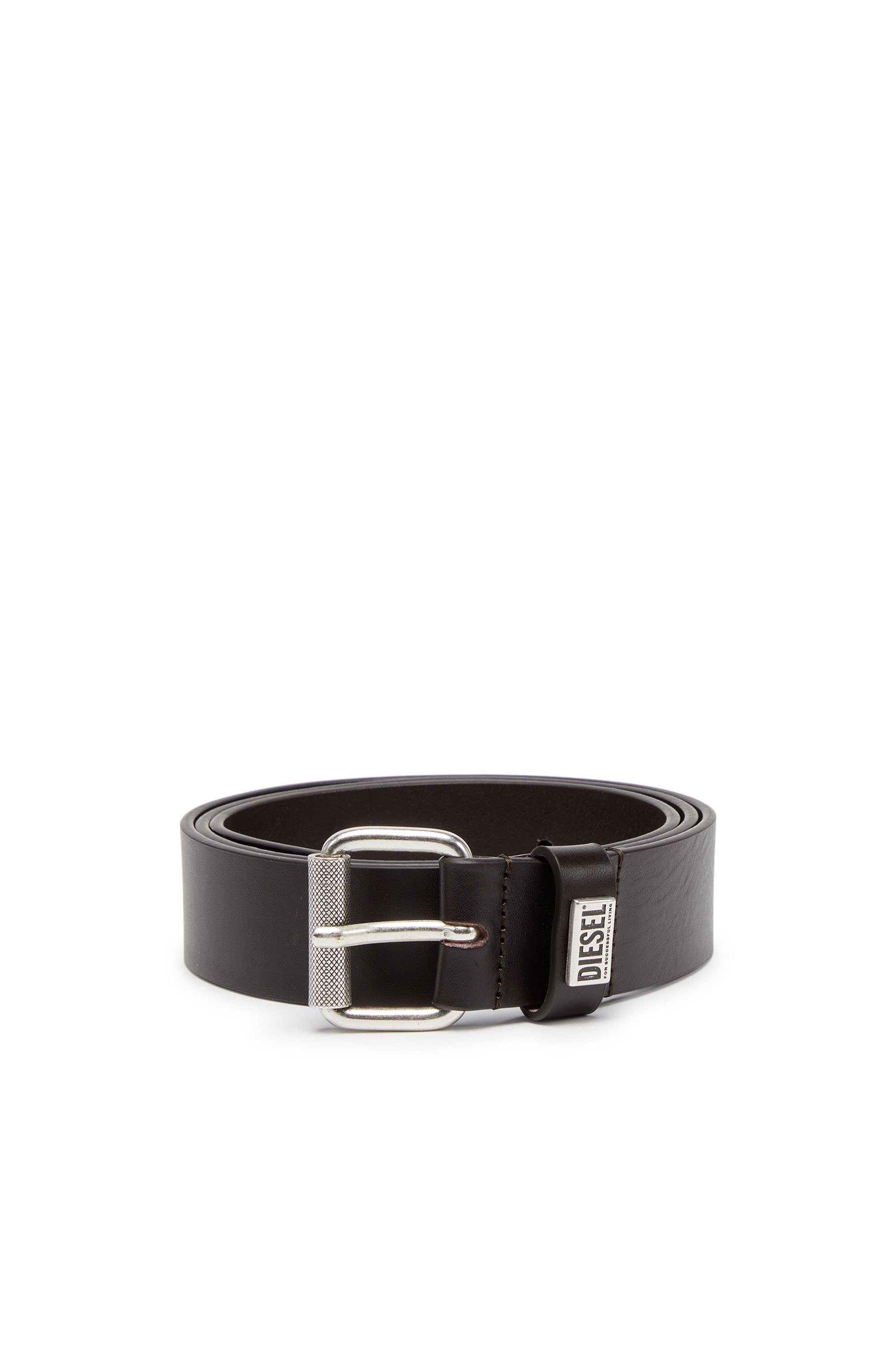 Diesel - B-BISCOTTO-LOOP, Male's Leather belt with logo plaque in ダークブラウン - 1