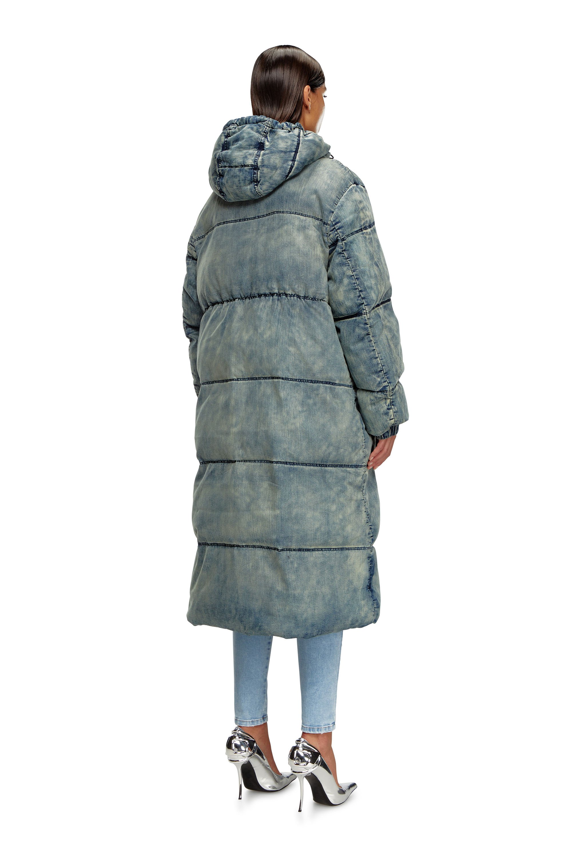 Diesel - W-AVES-LONG, Female's Hooded puffer coat in stretch denim in ブルー - 4