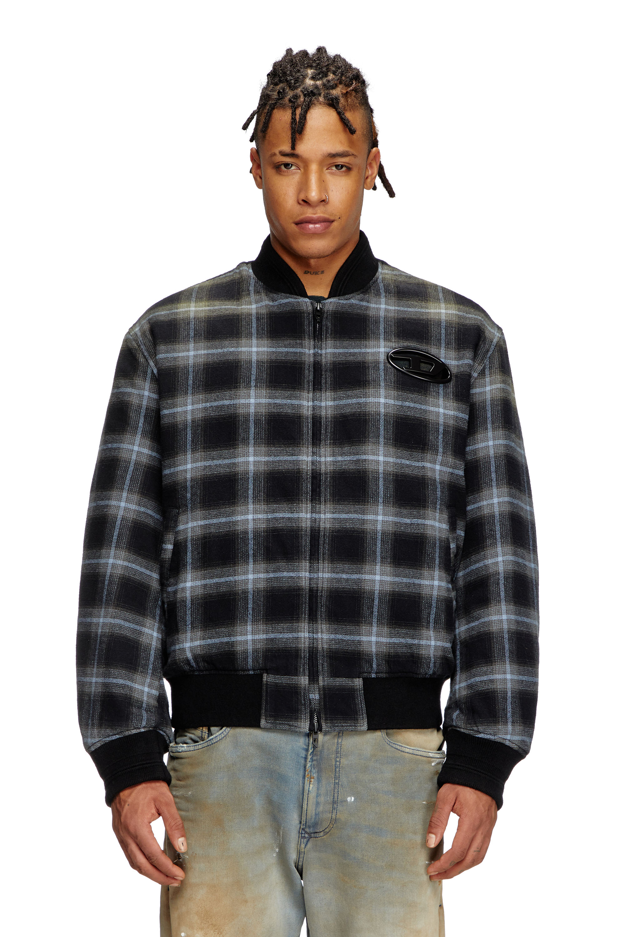 Diesel - J-SAINT, Male's Padded bomber jacket in check flannel in ブラック/ブルー - 1