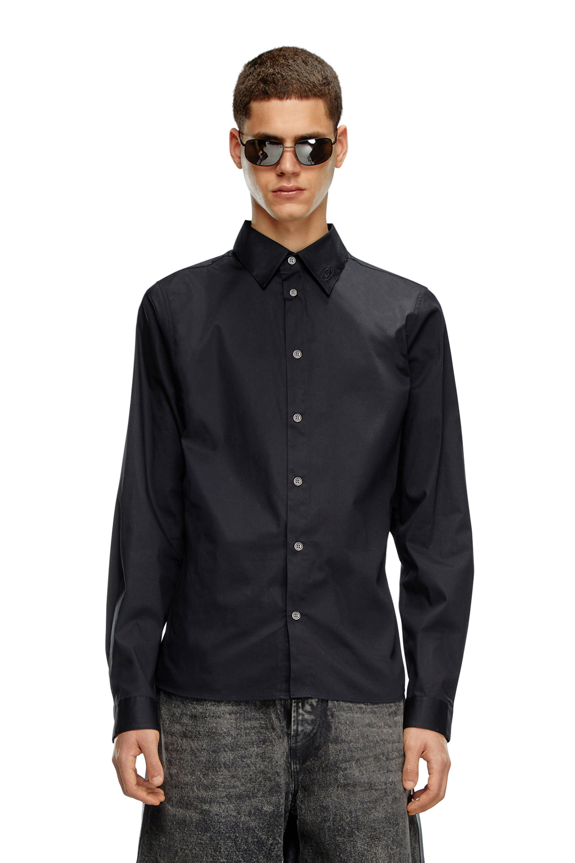 Diesel - S-FITTY-A, Male Formal shirt with logo-embroidered collar in ブラック - Image 1