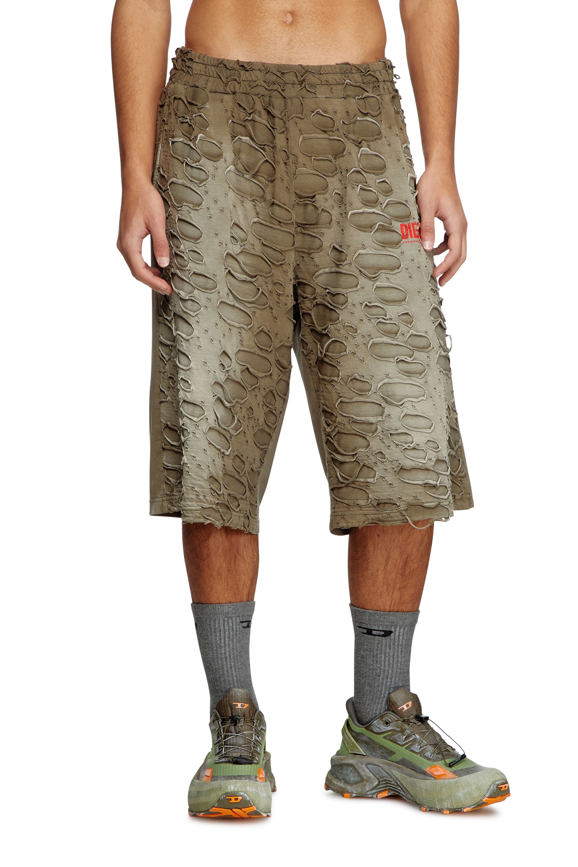 Diesel - P-ECHIO-R1, Male's Faded sweat shorts with holes in オリーブグリーン - 1