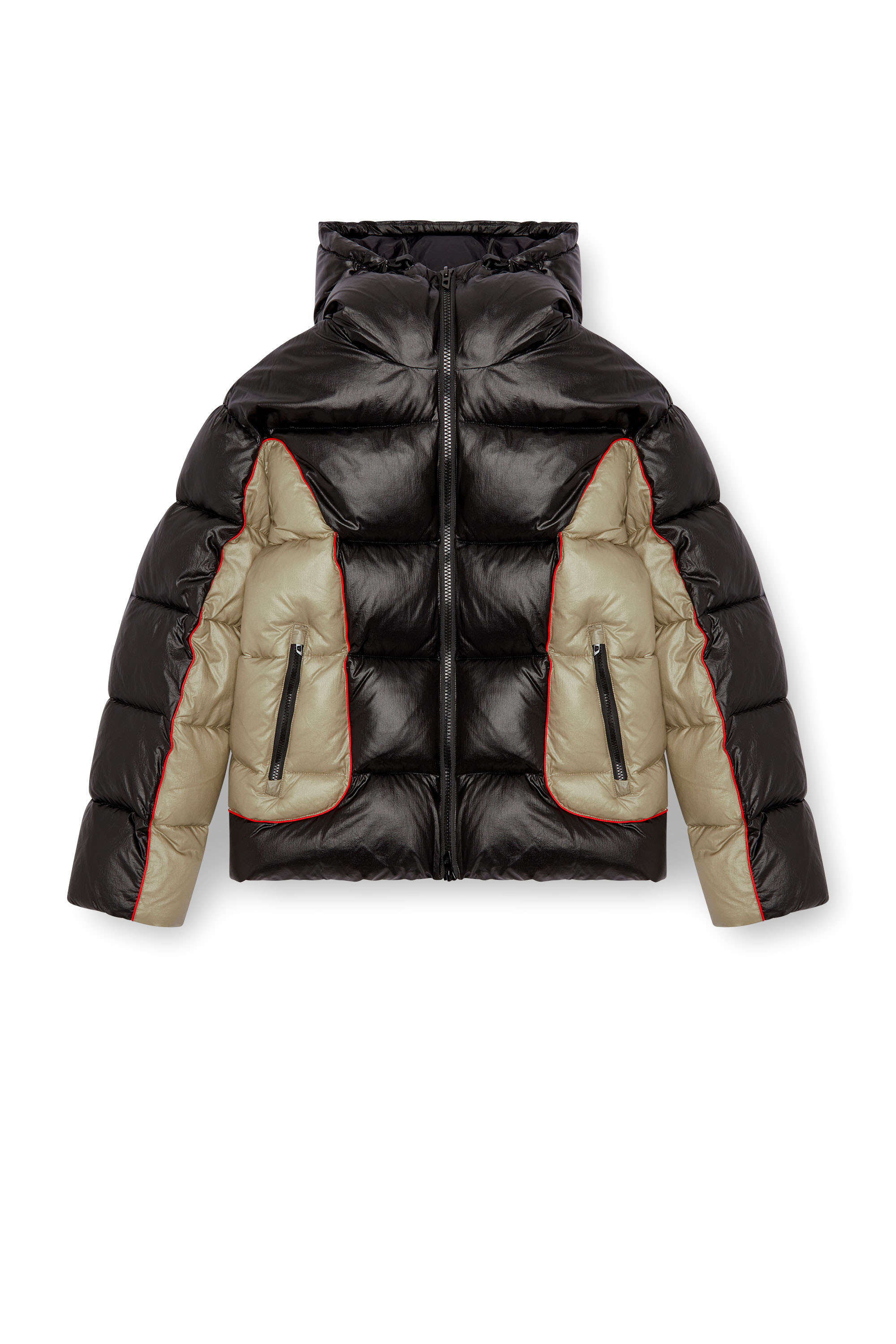 Diesel - W-OSTEND, Male's Hooded puffer jacket in shiny ripstop in ブラック/ベージュ - 3