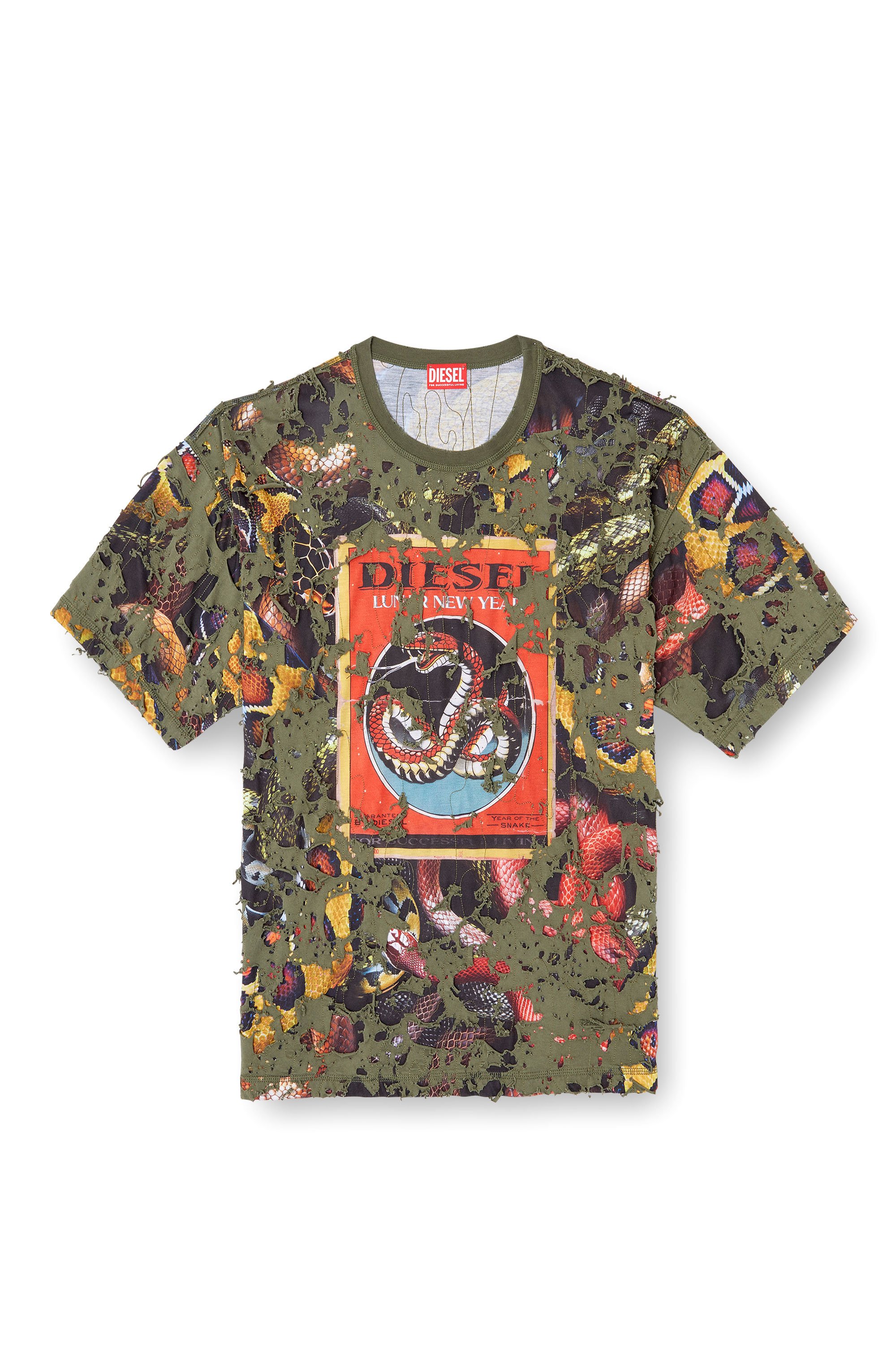 Diesel - CL-T-BOXT-DEVOR-SNAKE, Unisex's Snake-print T-shirt with destroyed overlay in オリーブグリーン - 6