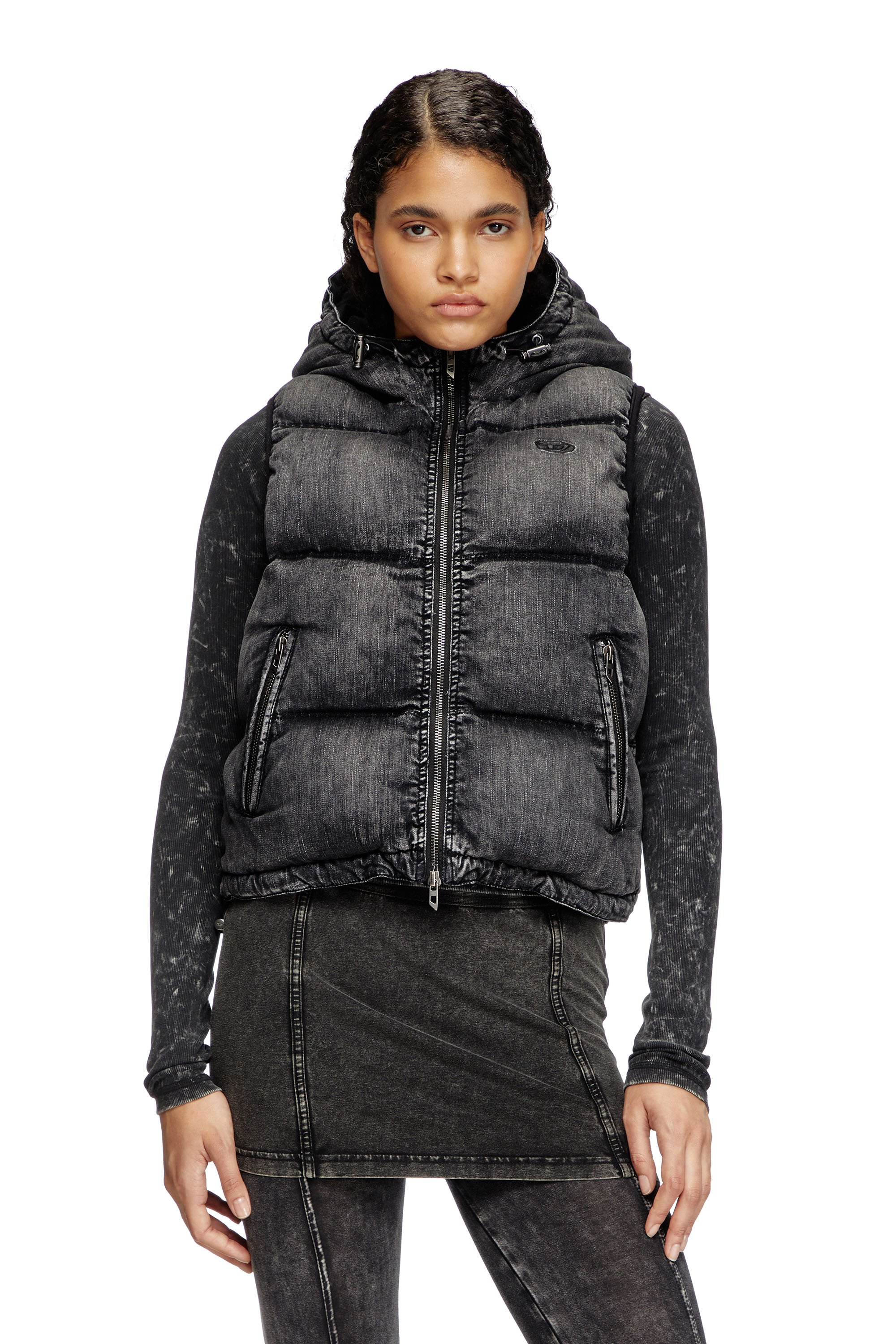 Diesel - W-HOPPER, Female's Hooded puffer vest in faded denim in ブラック - 1