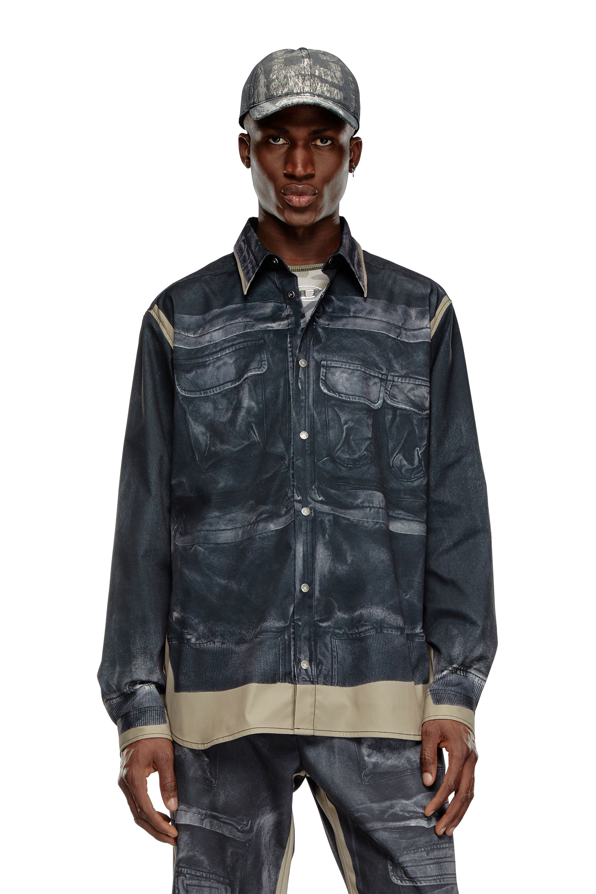 Diesel - S-AFTER-A, Male Twill shirt with trompe l'oeil print in マルチカラー - Image 1