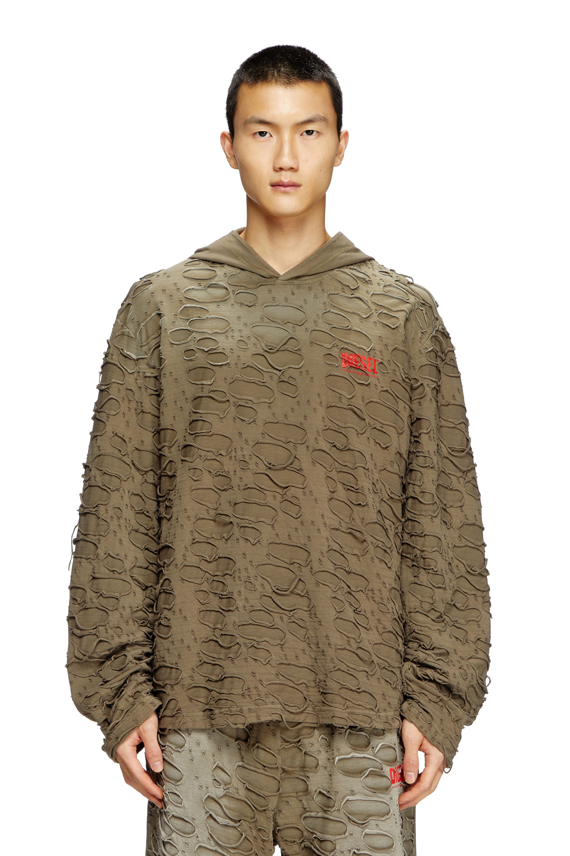 Diesel - T-CRANE-LS-HOOD, Male's Hooded long-sleeve T-shirt with holes in オリーブグリーン - 1