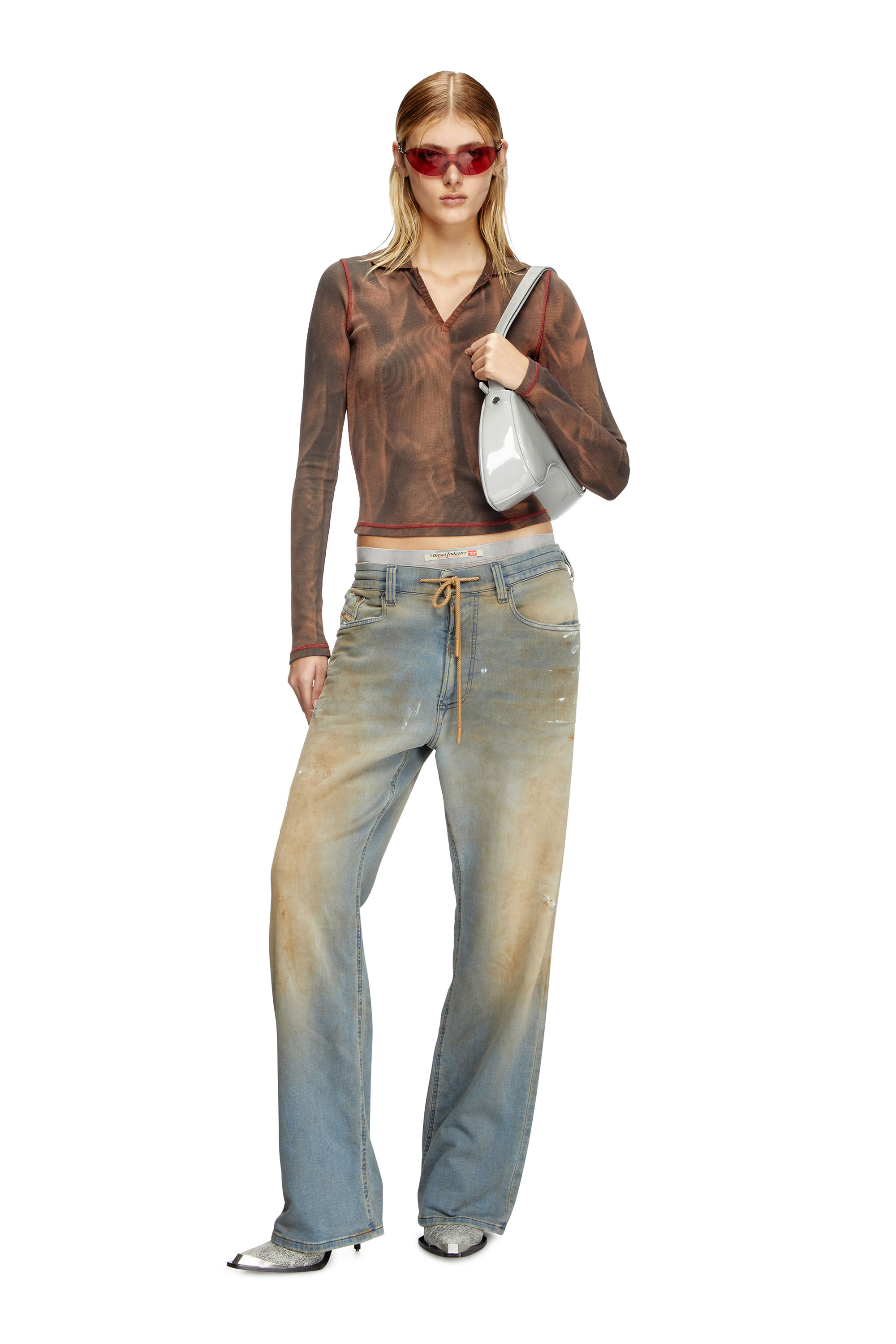 Diesel - T-RIBS, Female's V-neck jersey top with bleach treatment in Brown - 2