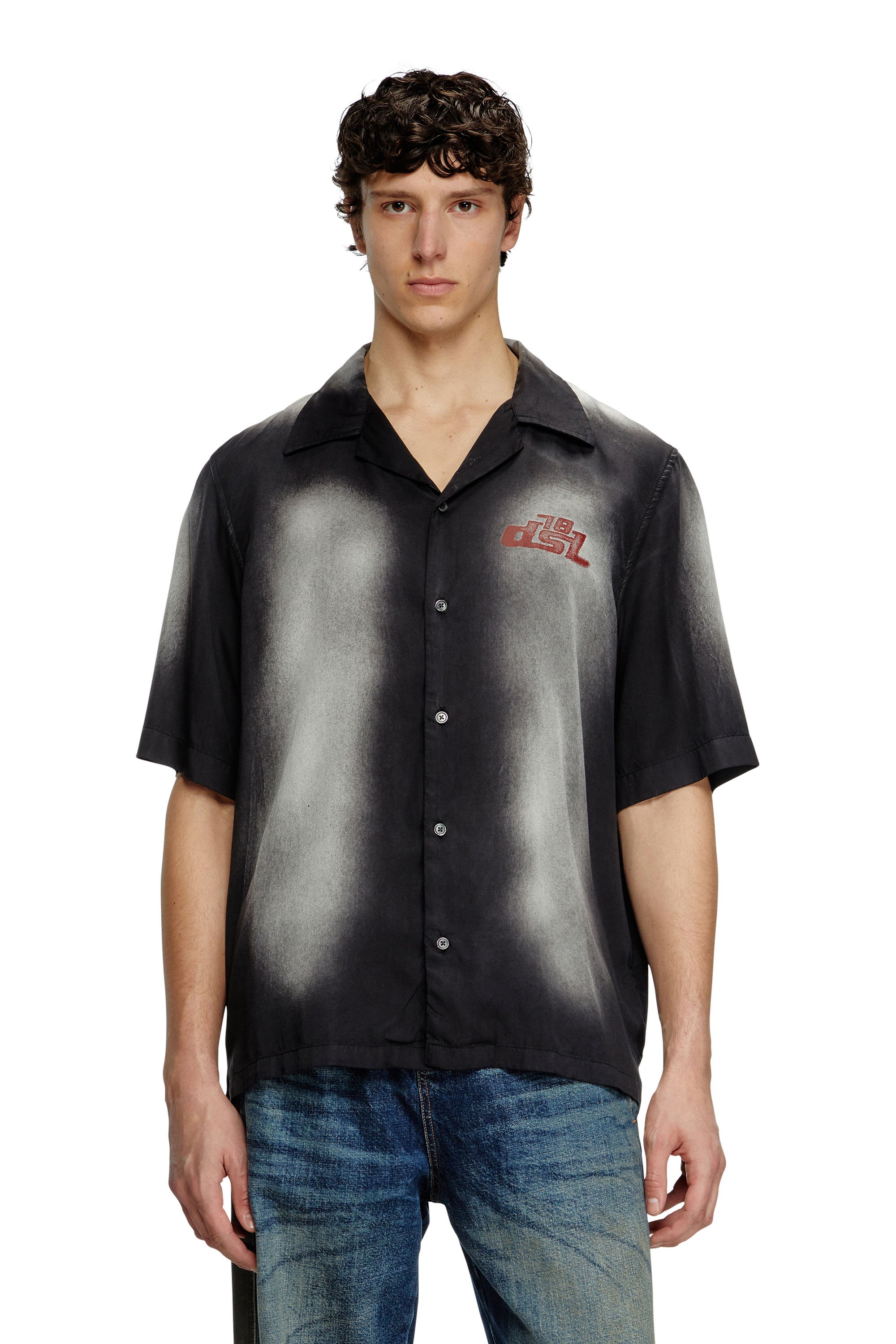 Diesel - S-ELLY, Male's Faded bowling shirt with logo prints in ブラック - 1