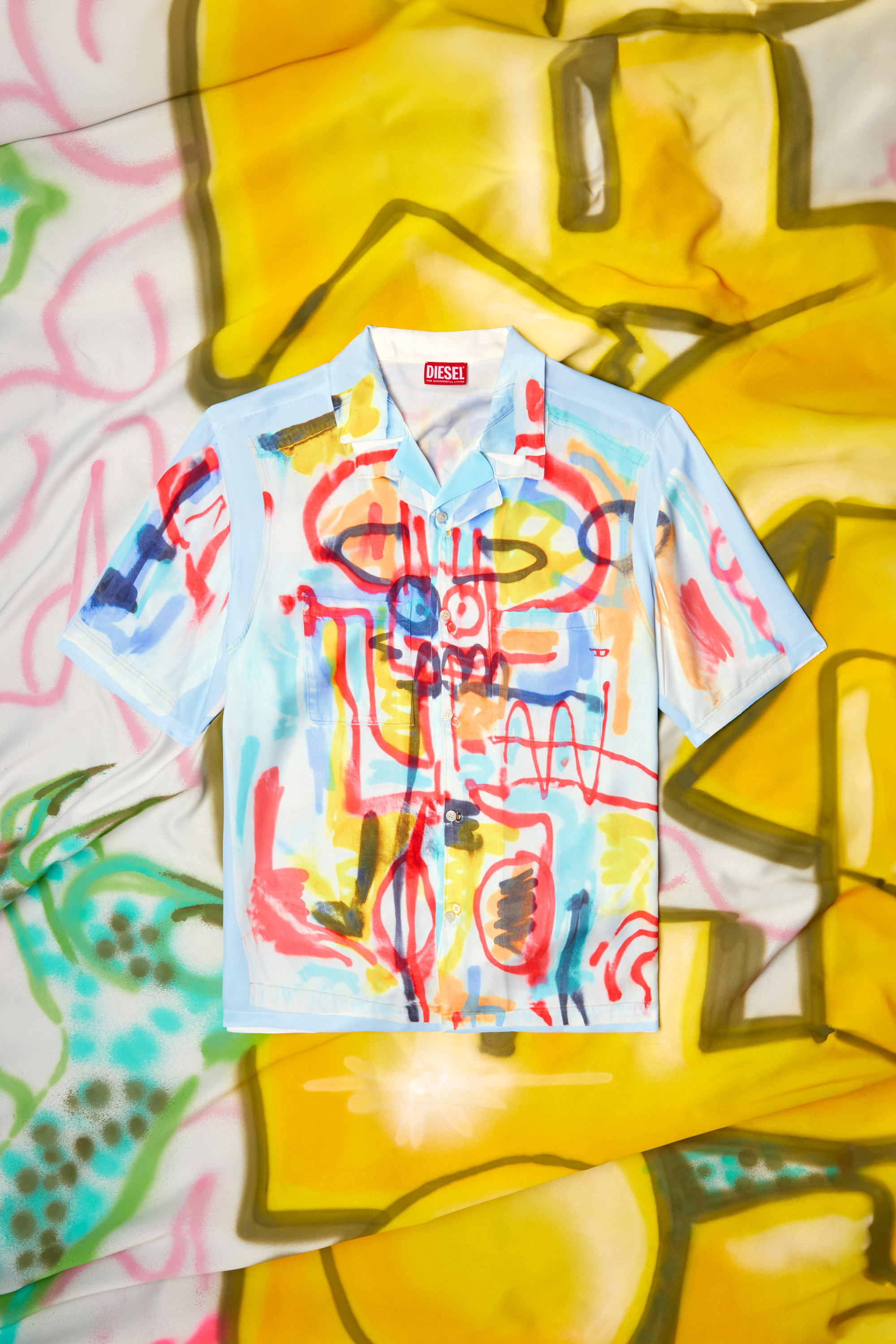 Diesel - C-PAROSHORT-GRAFFITI-AFR, Unisex's Satin bowling shirt with graffiti print in ライトブルー - 3