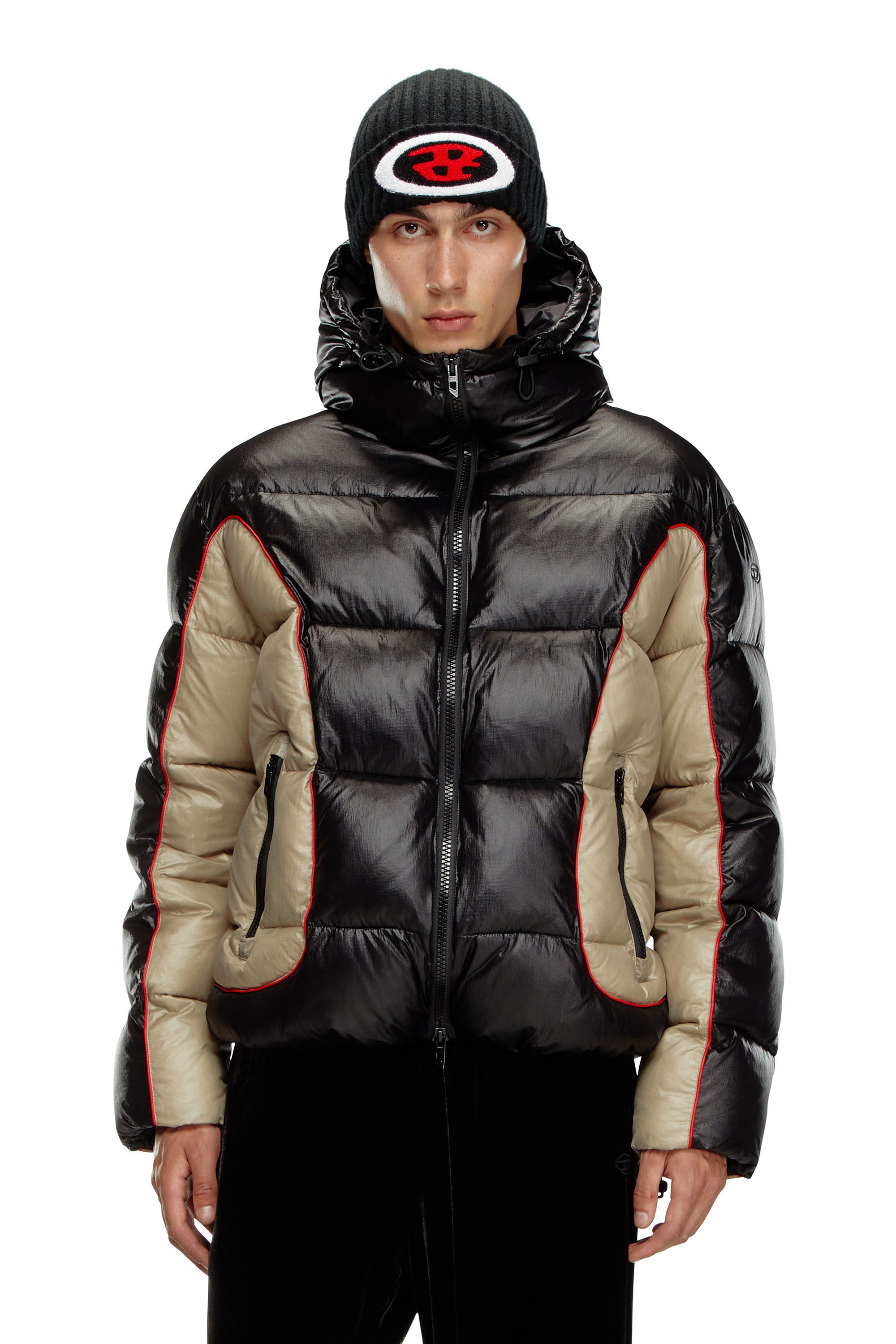 Diesel - W-OSTEND, Male's Hooded puffer jacket in shiny ripstop in ブラック/ベージュ - 1