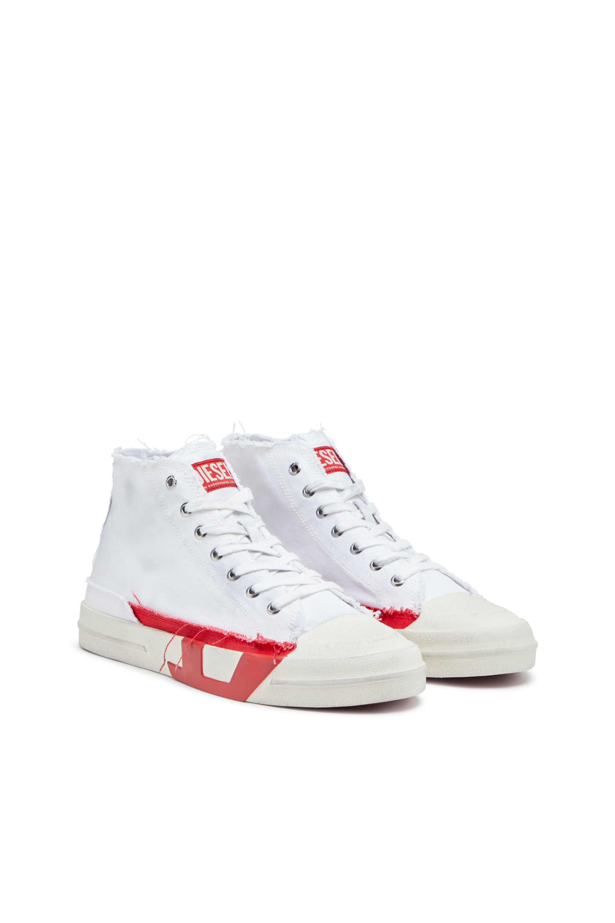 Diesel - S-D-VERSE MID, Male's S-D-Verse-Dirty-effect high-top canvas sneakers in ホワイト/レッド/ブルー - 2