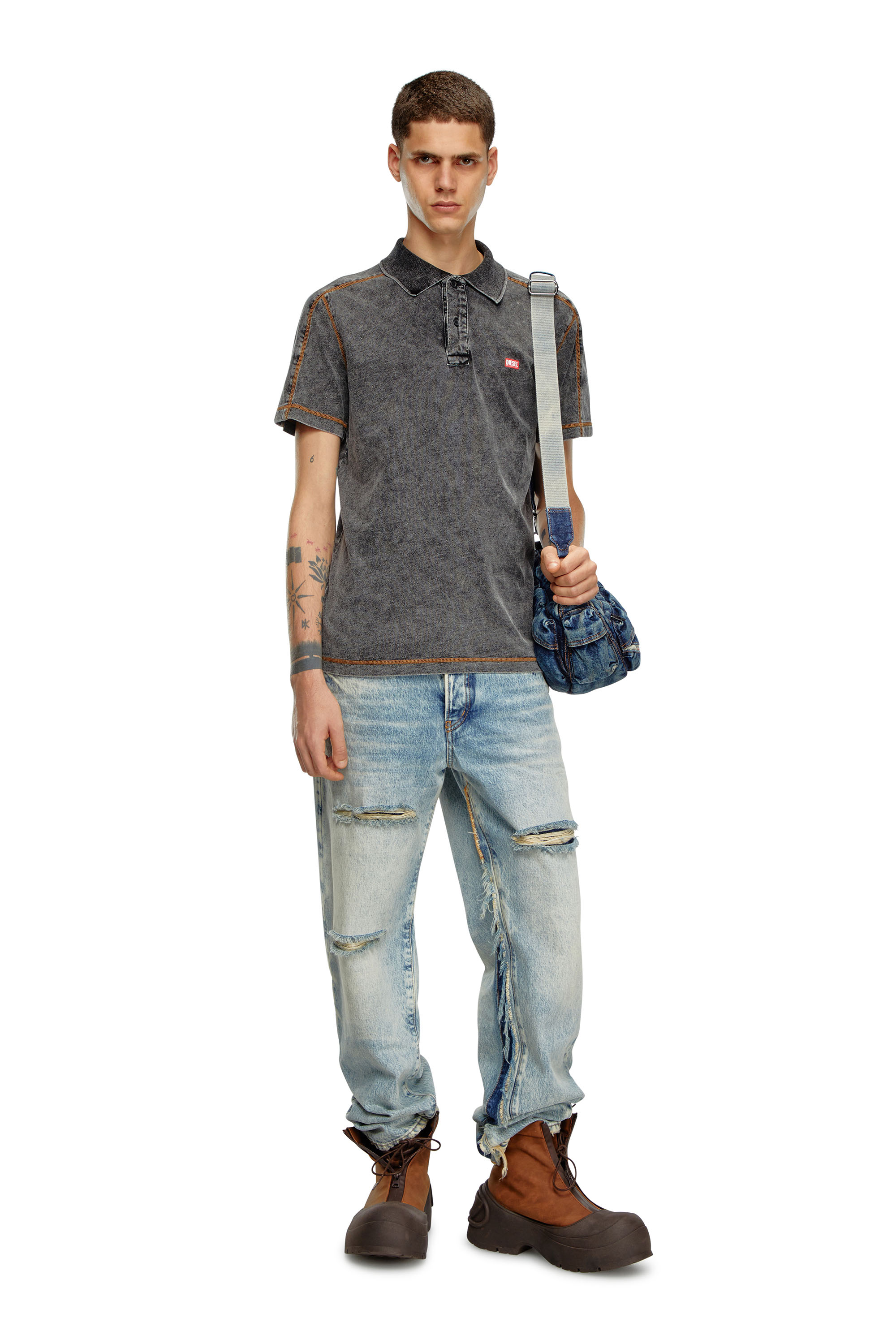 Diesel - T-SWIND, Male Polo shirt in denim-effect jersey in グレー - Image 2