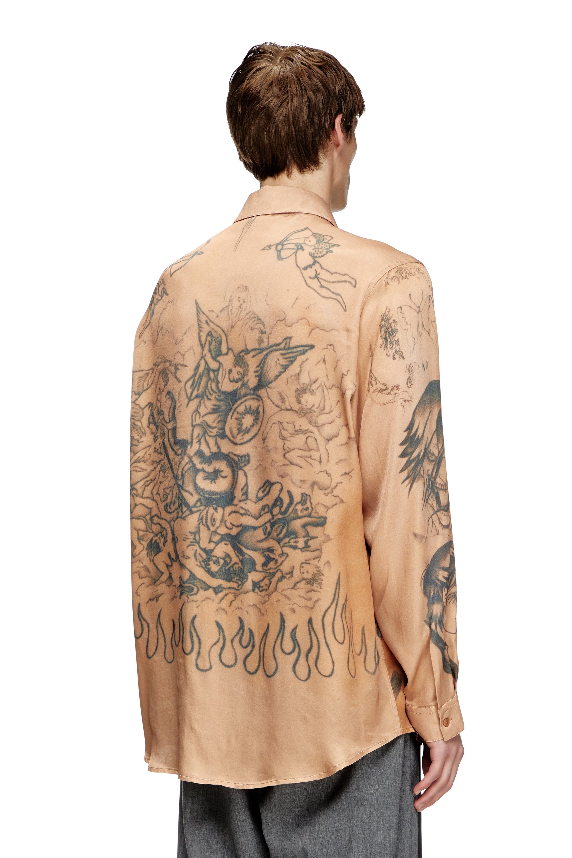 Diesel - S-SIMPLY-TTO-DD, Unisex's Fluid satin shirt with tattoo print in ベージュ - 3