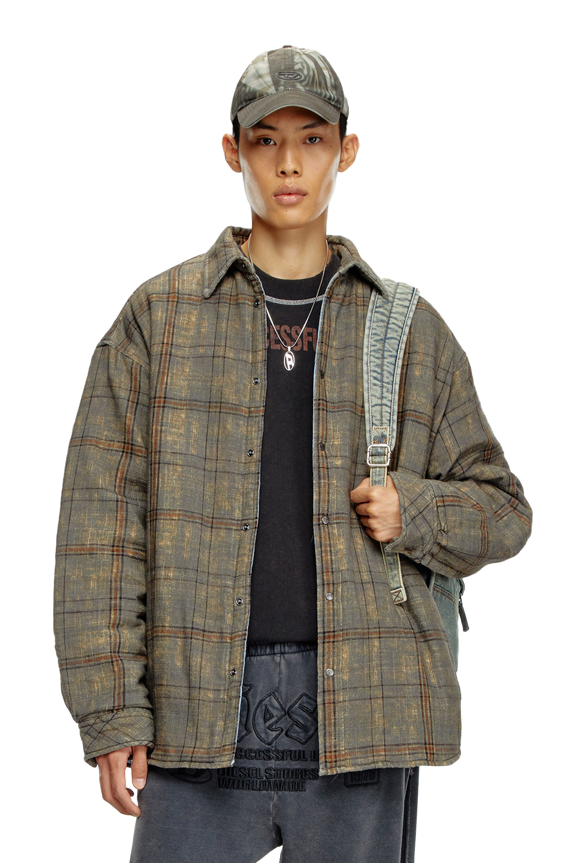 Diesel - S-HAMME, Male's Padded jacket in checked slub cotton in グリーン/ブラウン - 1