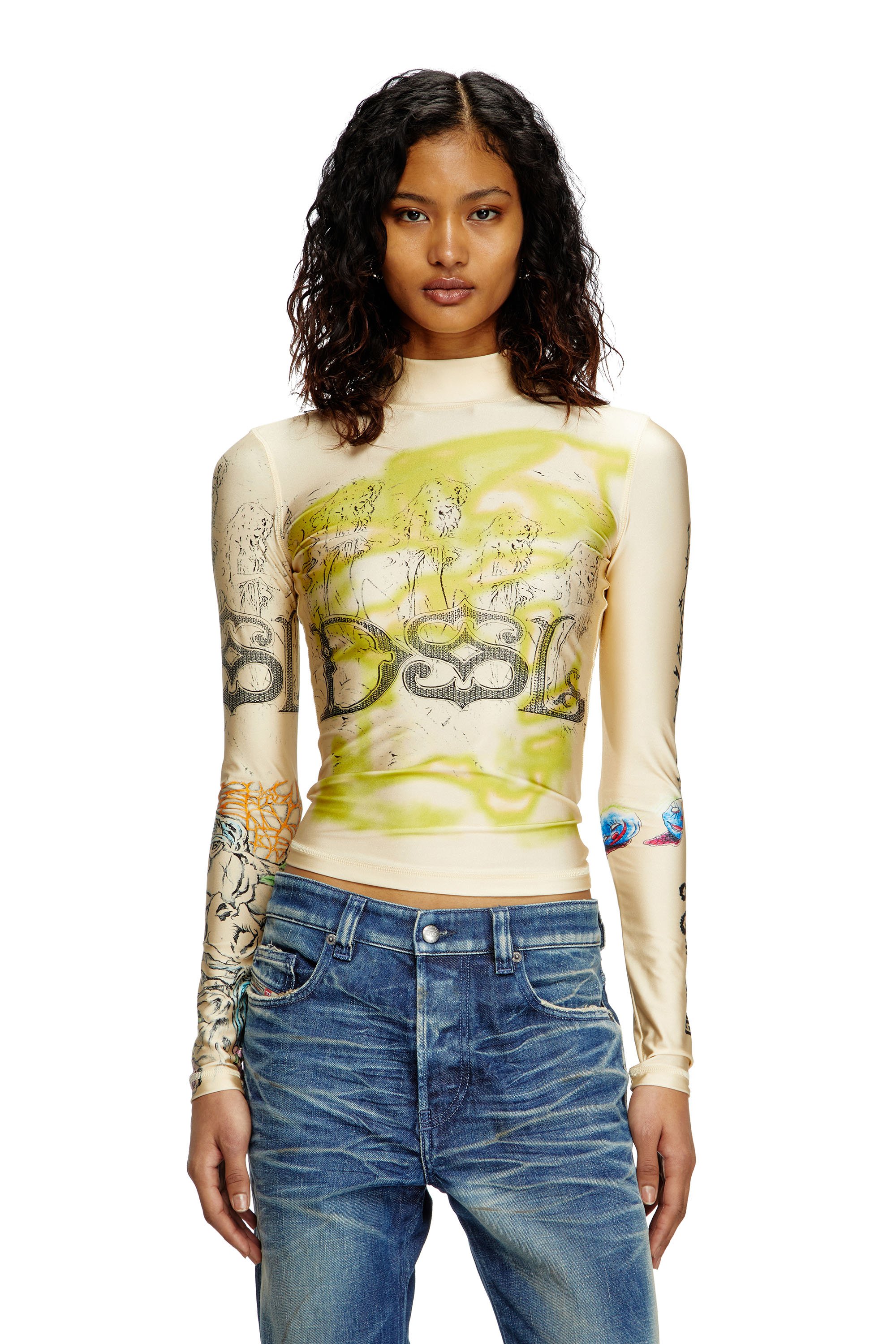 Diesel - T-IMUN, Female's Turtleneck top with tattoo print in ベージュ - 1