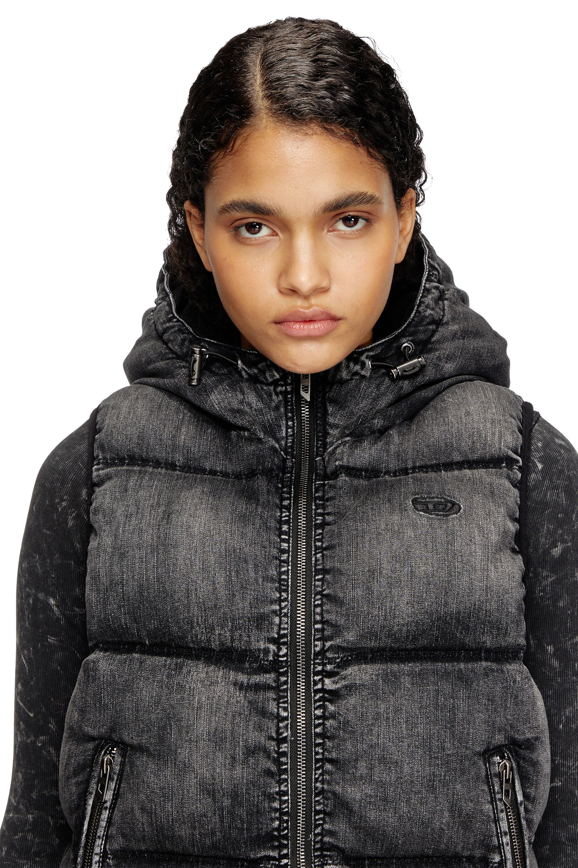 Diesel - W-HOPPER, Female's Hooded puffer vest in faded denim in ブラック - 5