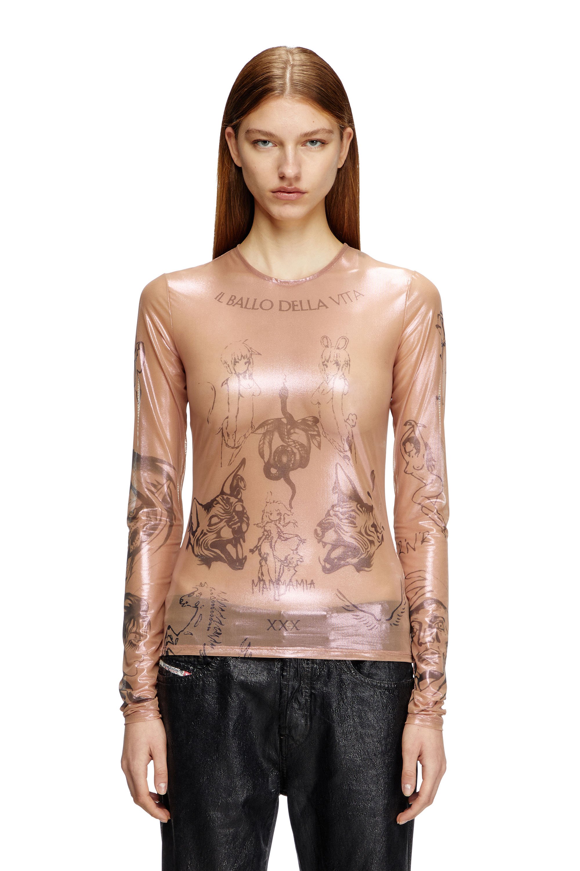 Diesel - T-CLAUDE-DD, Unisex's Tattoo top in coated stretch tulle in ピンク / ホワイト - 5