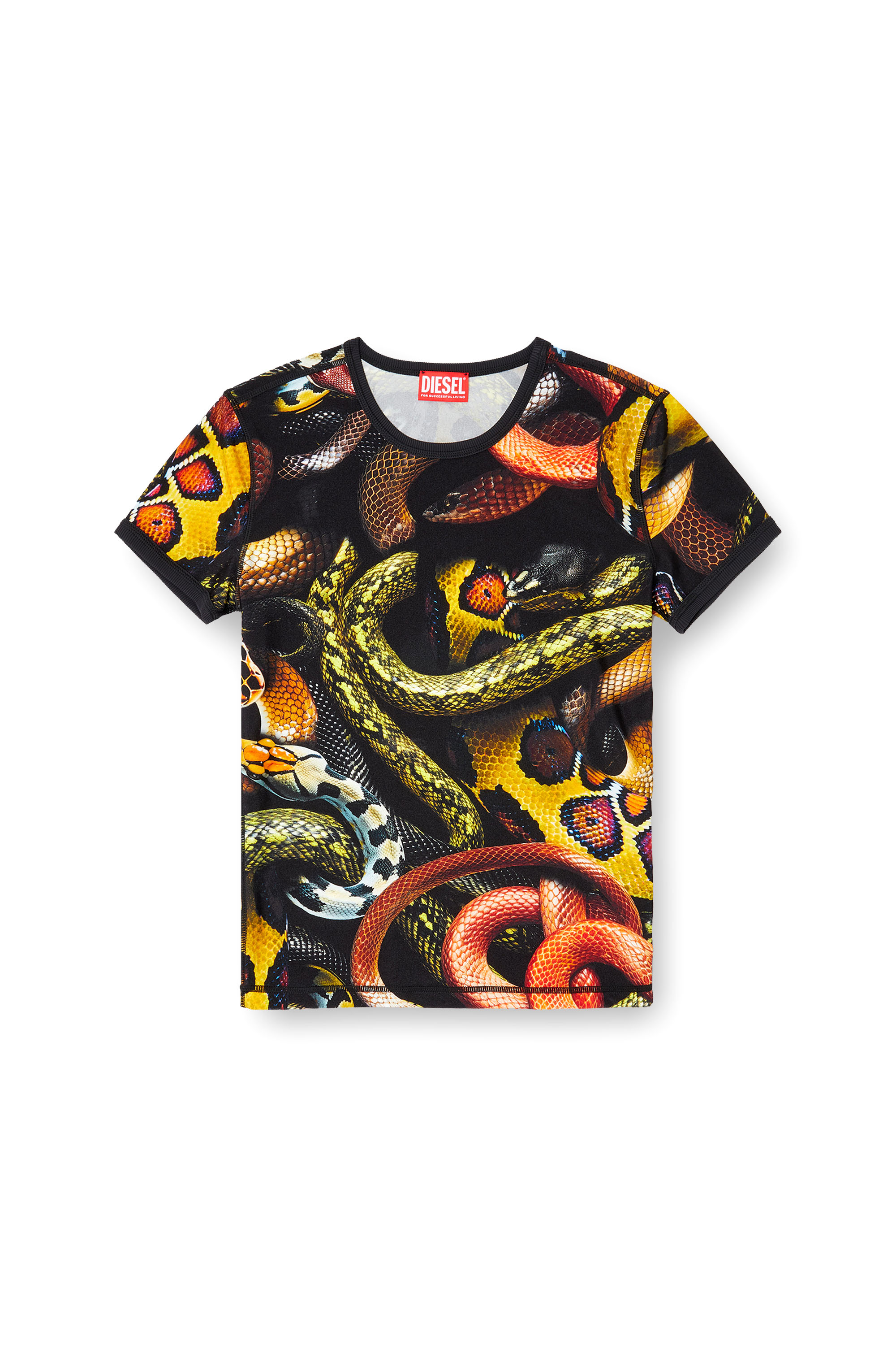 Diesel - CL-T-UNCLE-SNAKE, Unisex's Lycra T-shirt with all-over snake print in ブラック/イエロー - 6