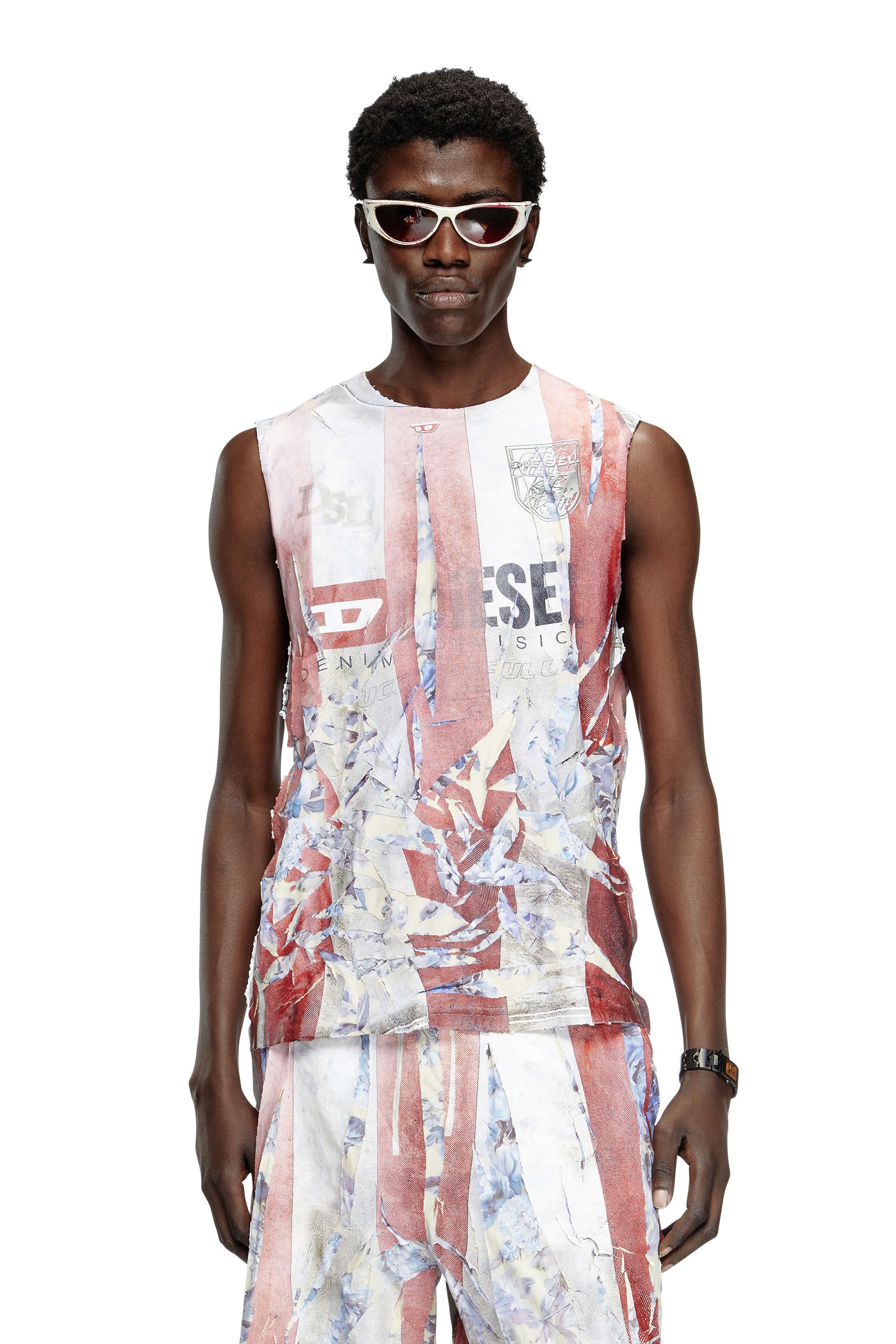 Diesel - T-PER-STRIPE, Unisex's Floral tank top with cracked logo print in レッド/ホワイト - 1