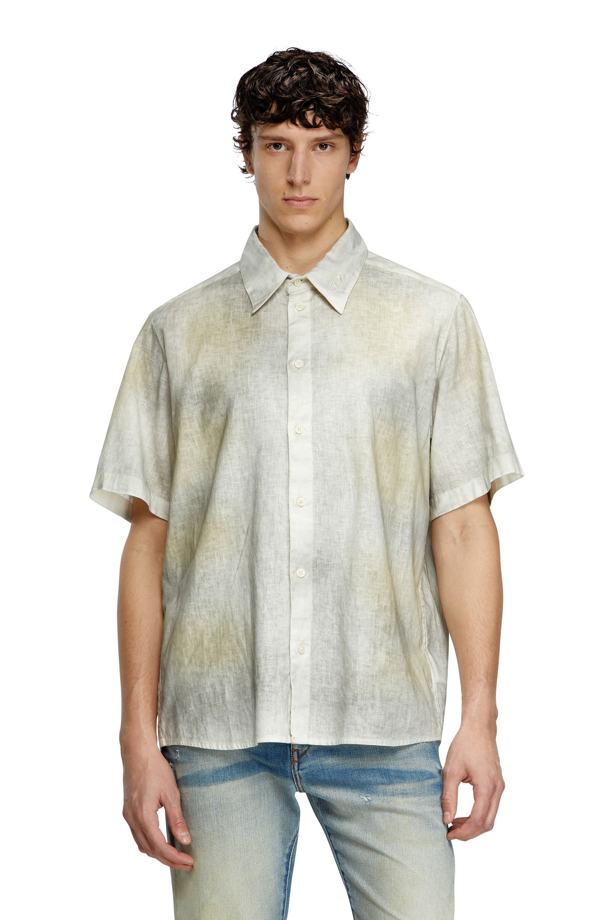 Diesel - S-LEIE-SHORT, Male's Treated linen-blend short-sleeve shirt in グレー/ホワイト - 1