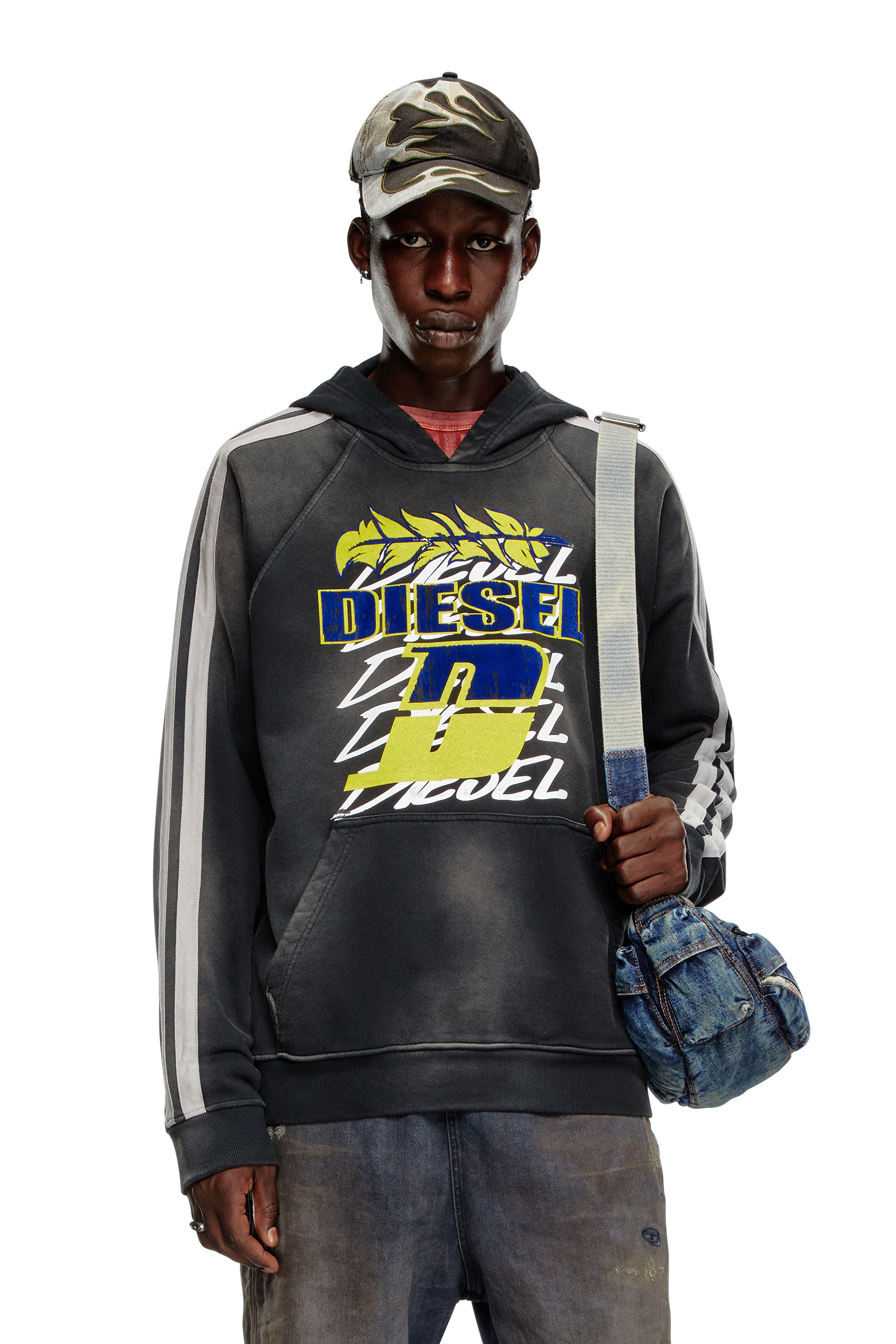 Diesel - S-ROXT-HOOD-STRIPE, Male Treated cotton hoodie with layered prints in マルチカラー - Image 1
