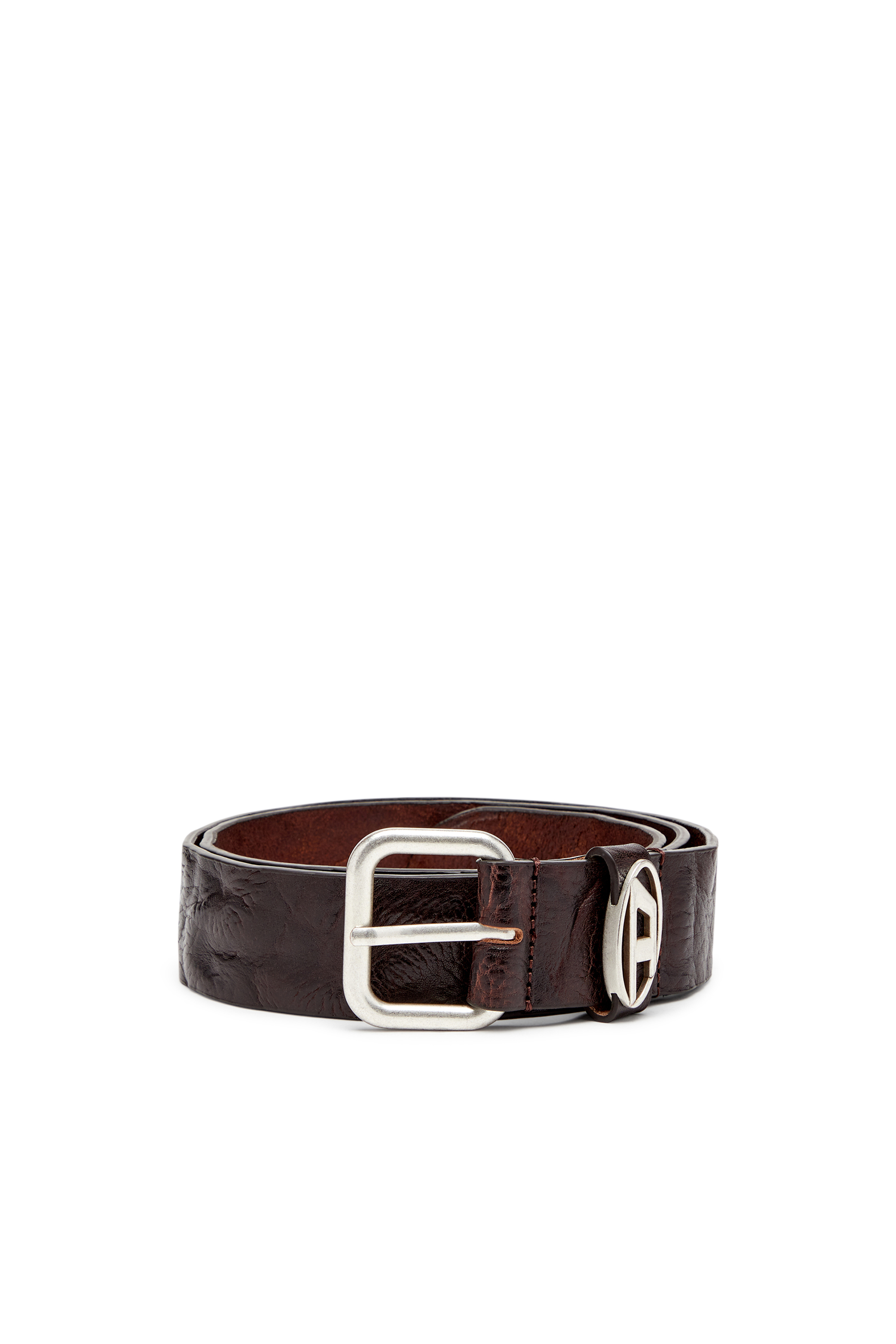 Diesel - B-1DR OVAL D LOOP, Unisex's Logo-plaque wrinkled leather belt in ダークブラウン - 1