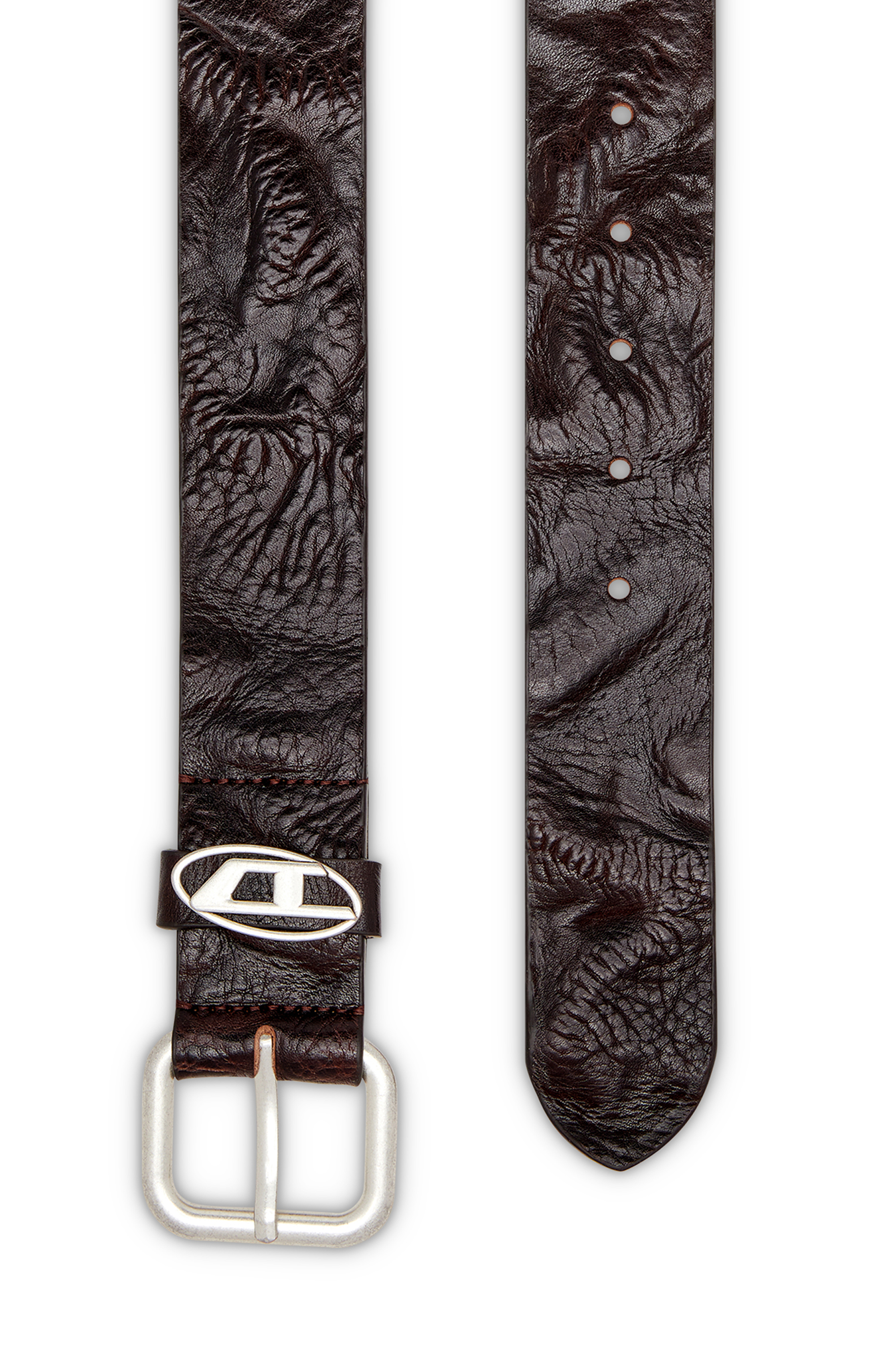 Diesel - B-1DR OVAL D LOOP, Unisex's Logo-plaque wrinkled leather belt in ダークブラウン - 2